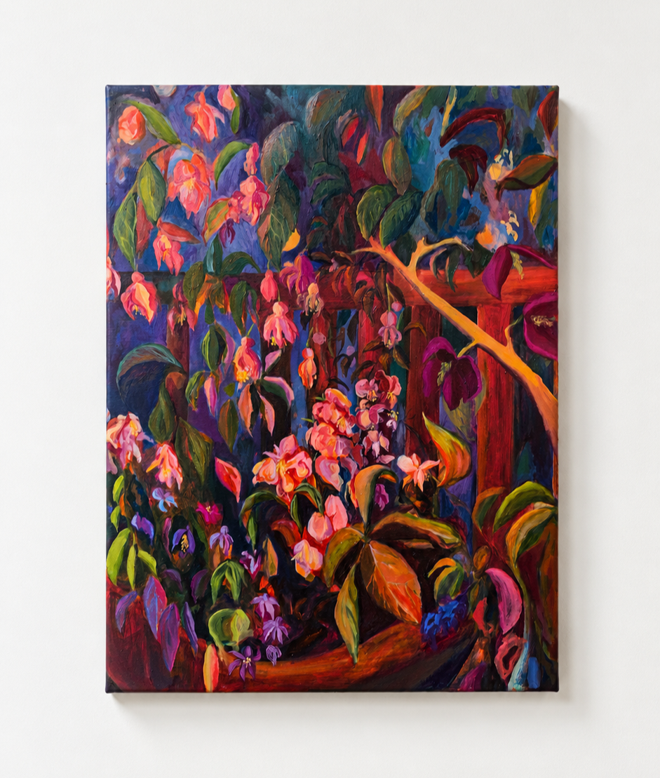 Claire Elliot | Fuchsia Tangle Caught by the Motion Detector Light | Oil on linen  | 22 x 28”
