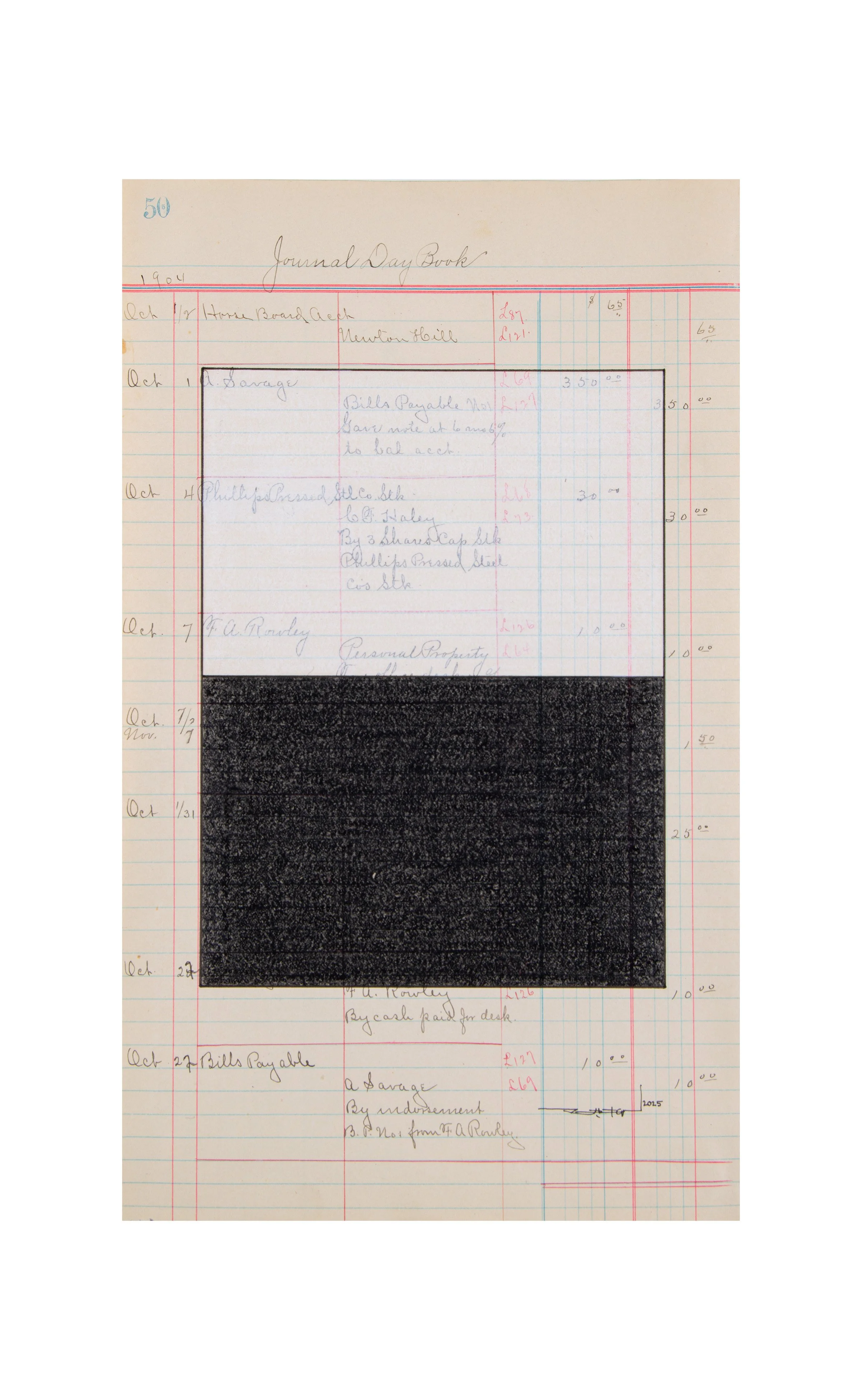 Cosmic Energy Surrounds Us, 2025 | Drawing on "Journal Day Book" Ledger Sheet (dated 1904) | 13.5 x 8.25"