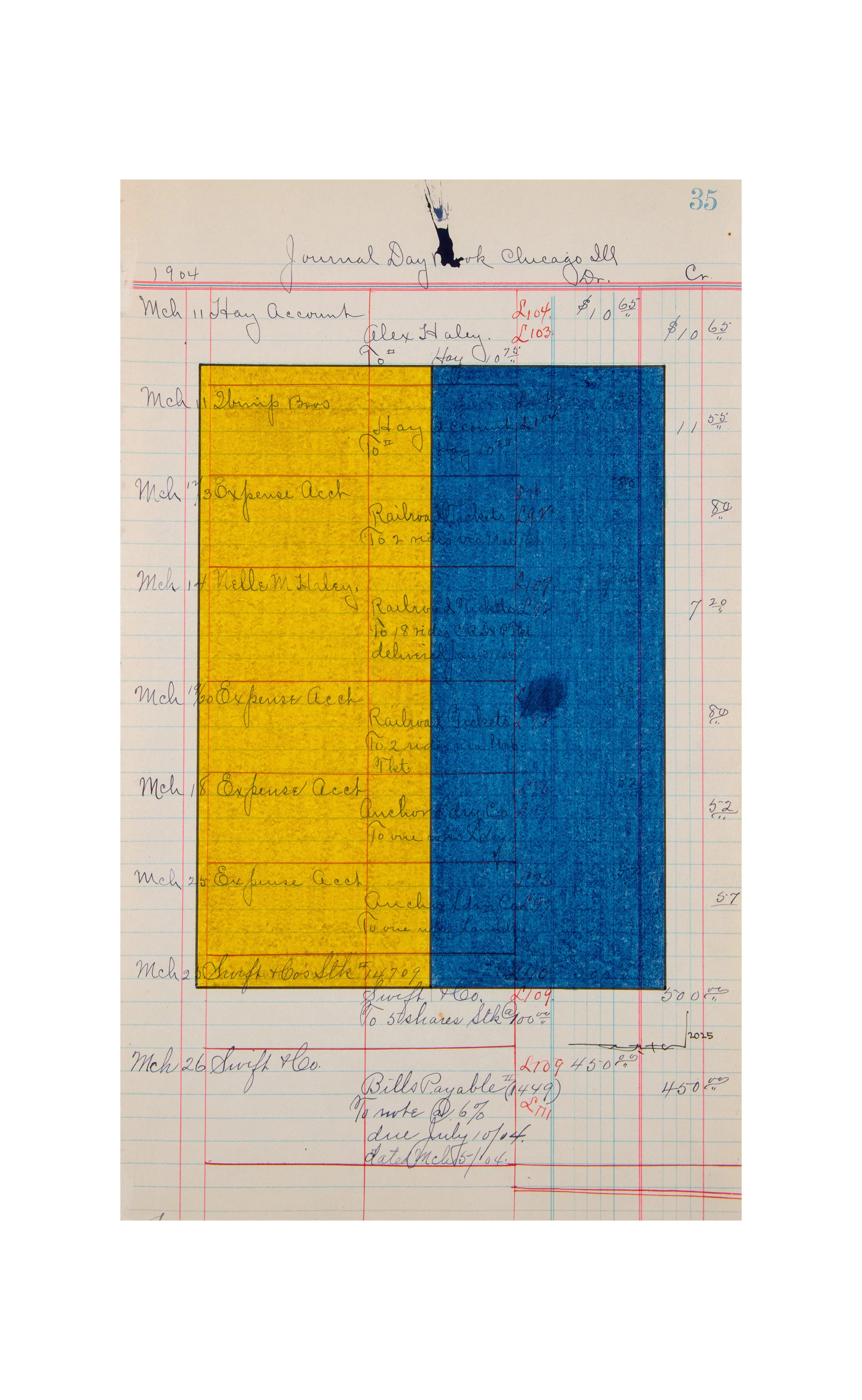 Light And Dark Converge For Greatness, 2025 | Drawing on "Journal Day Book" Ledger Sheet (dated 1904) | 13.5 x 8.25"