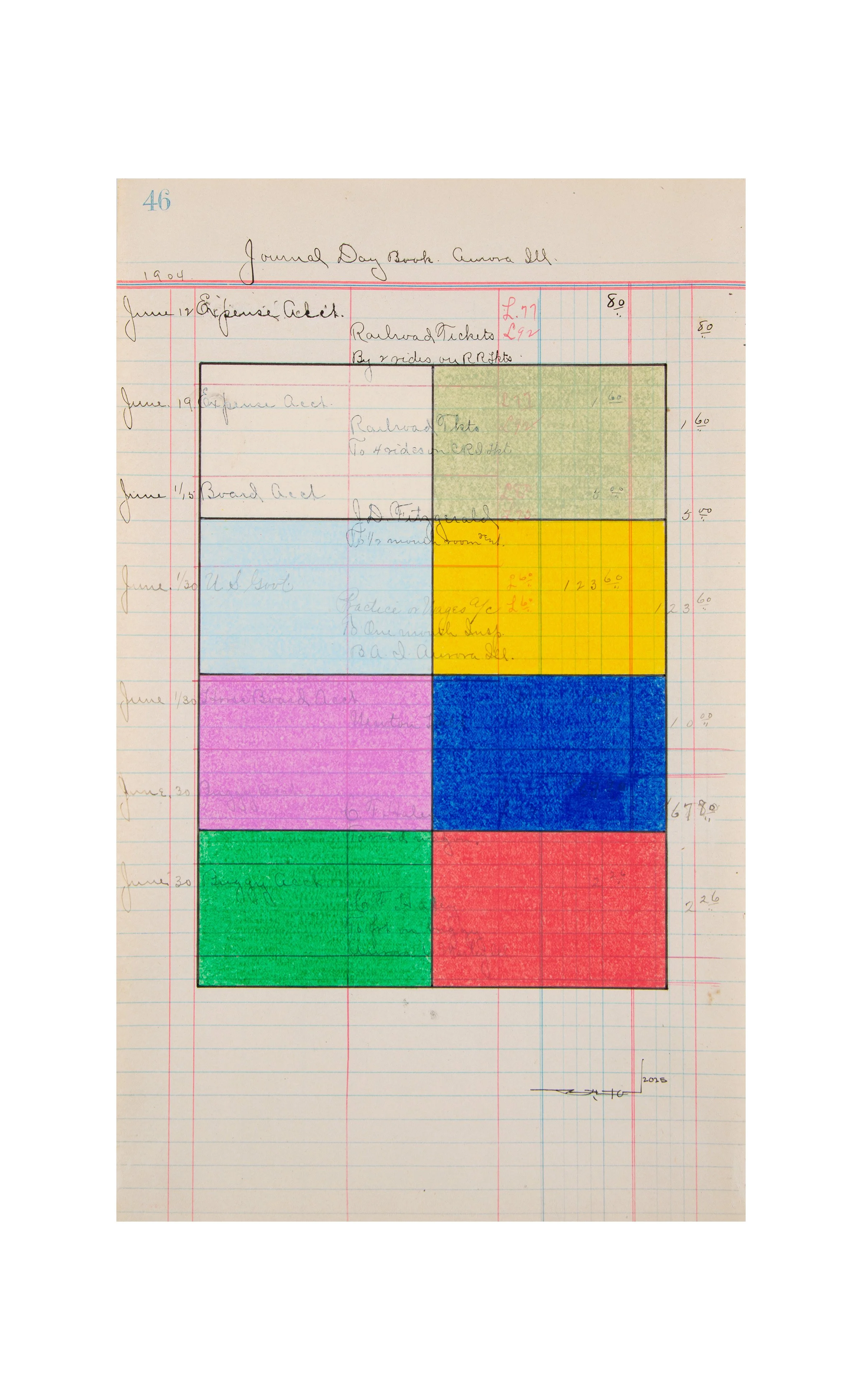 Multiple Entry Points, 2025 | Drawing on "Journal Day Book" Ledger Sheet (dated 1904) | 13.5 x 8.25"