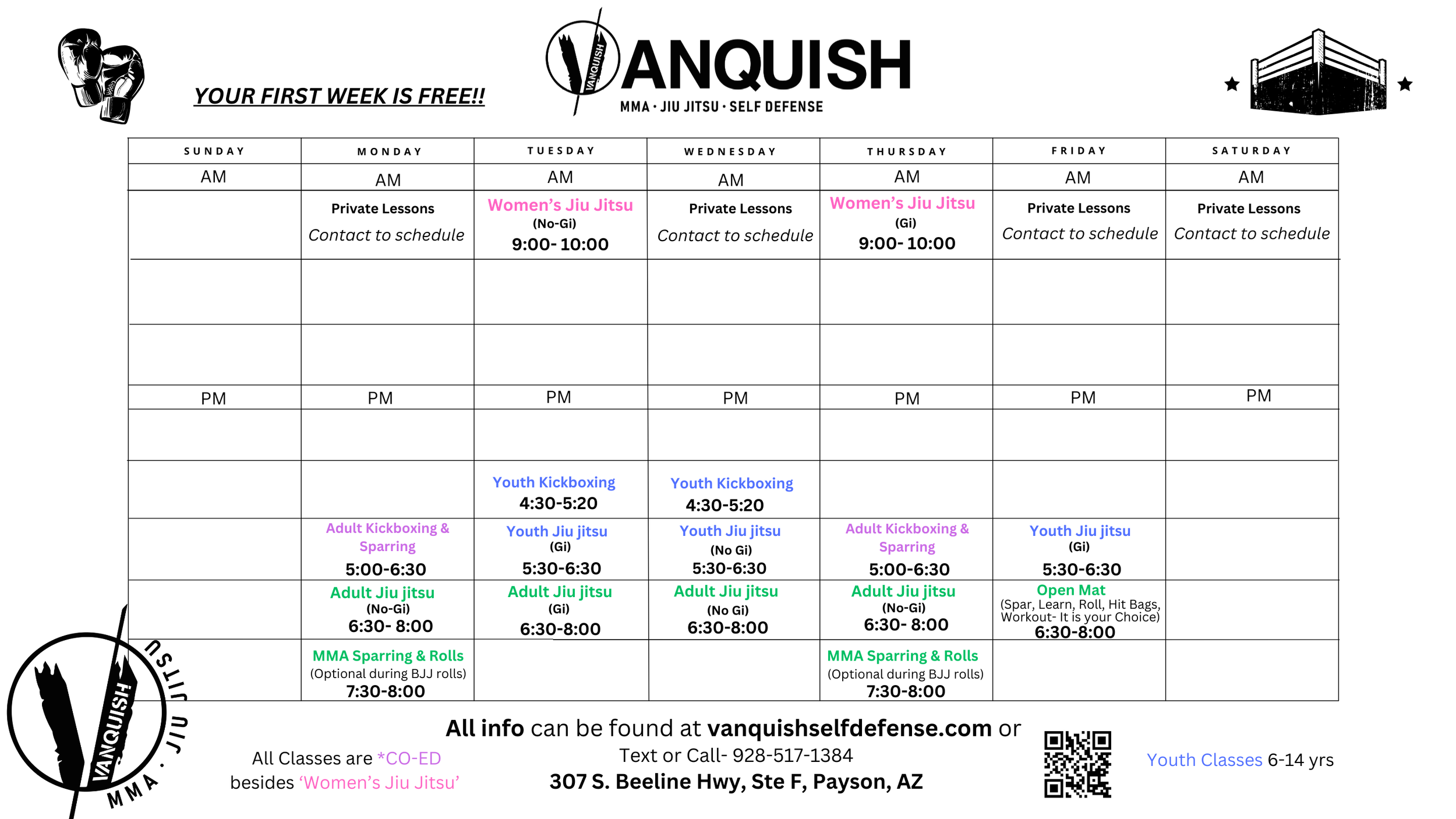This is an image of the Schedule of classes for Vanquish MM1 & Jiu Jitsu- schedule subject to change, call with any issues viewing the information.