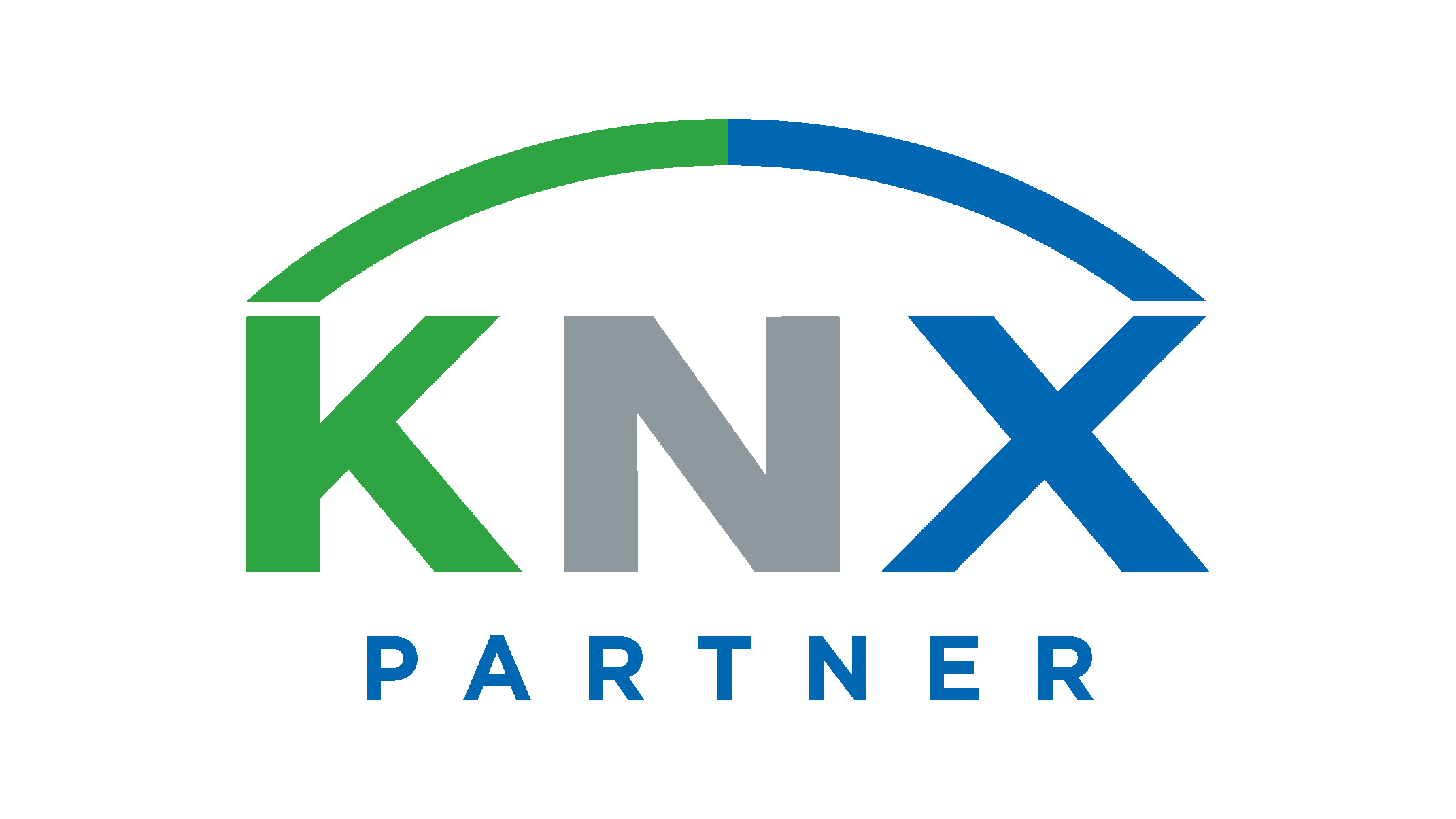 Logo di KNX Partner con la parola 'PARTNER' sotto, caratterizzato da un arco sopra con colori verde e blu.
