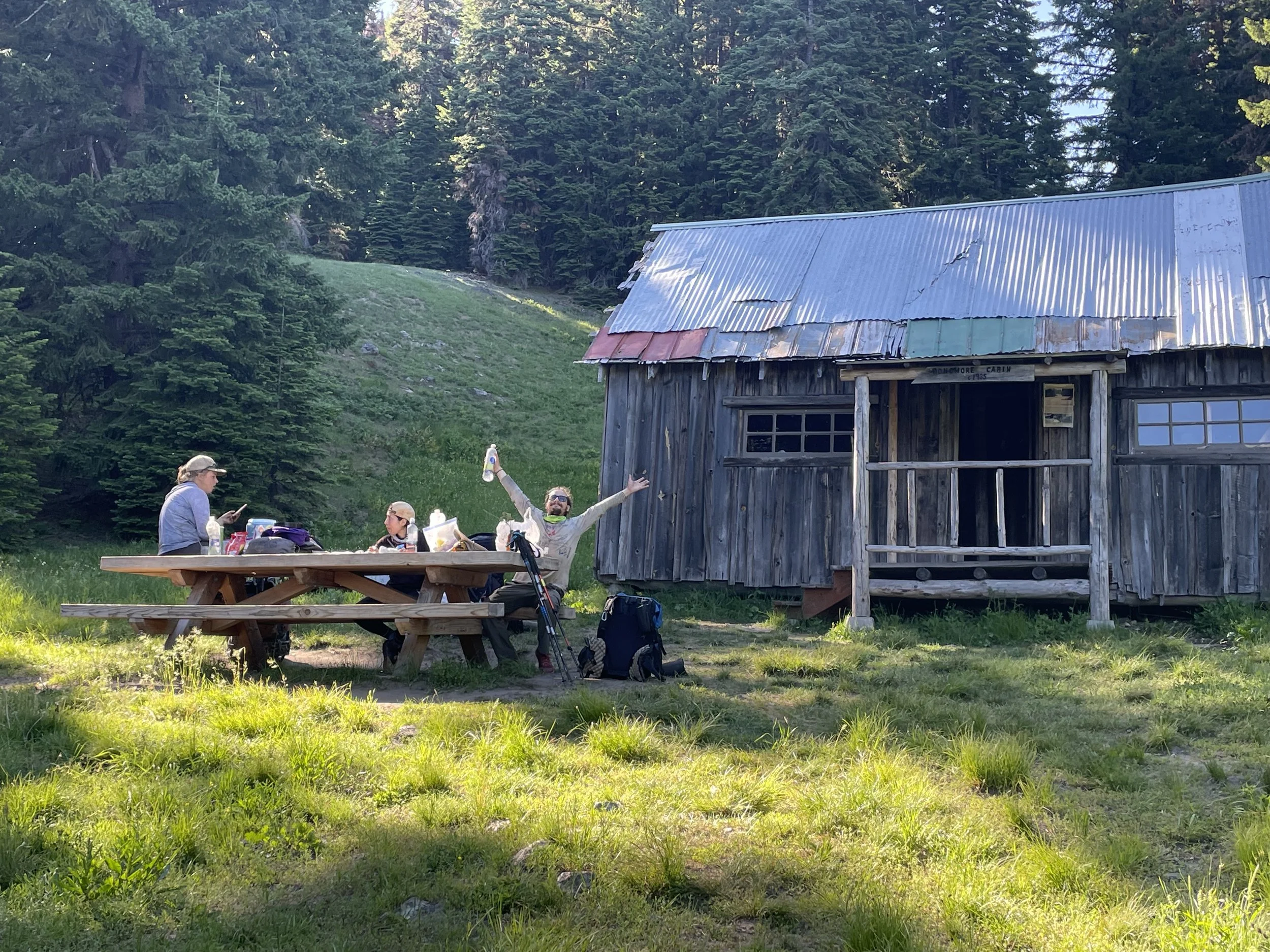 Taking a break at Donomore Cabin, right before entering Oregon