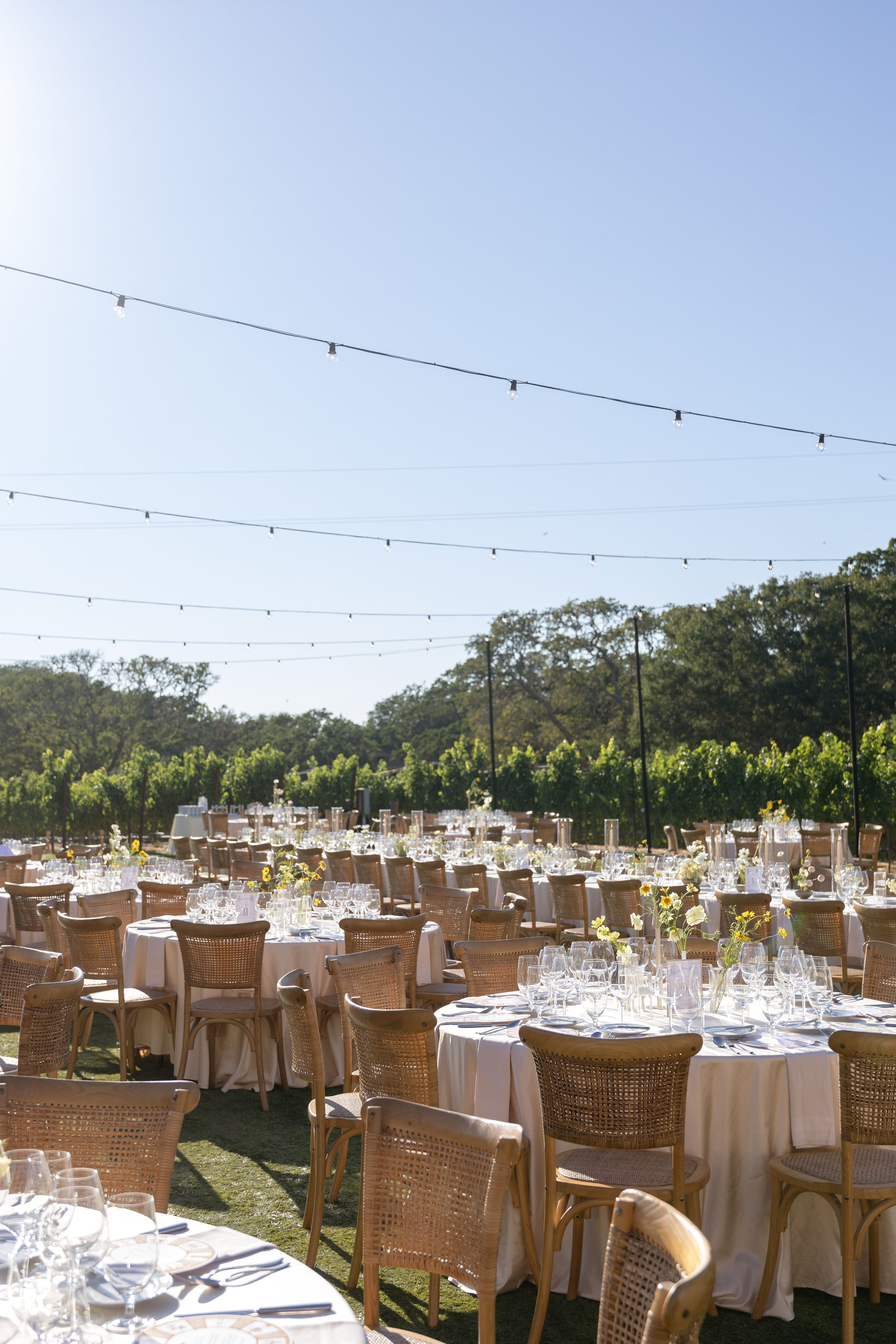 Outdoor event setup with round tables covered in white tablecloths, decorated with floral centerpieces, surrounded by wooden chairs, and string lights hanging in the sky, with green trees and clear blue sky in the background.