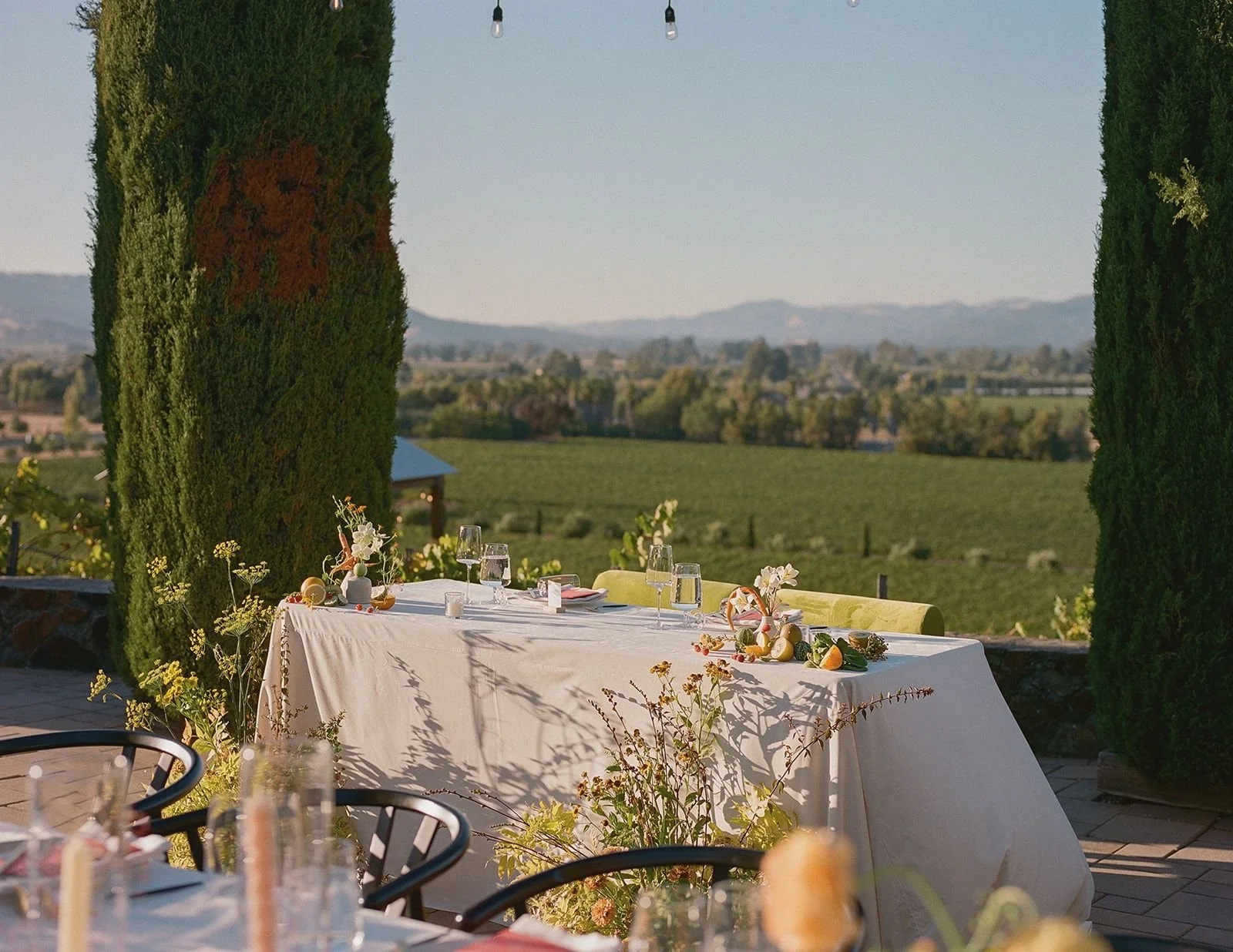 A white tablecloth-covered table set with wine glasses, plates, flowers, and decorations outdoors on a patio, overlooking a scenic vineyard landscape with rolling hills and trees.