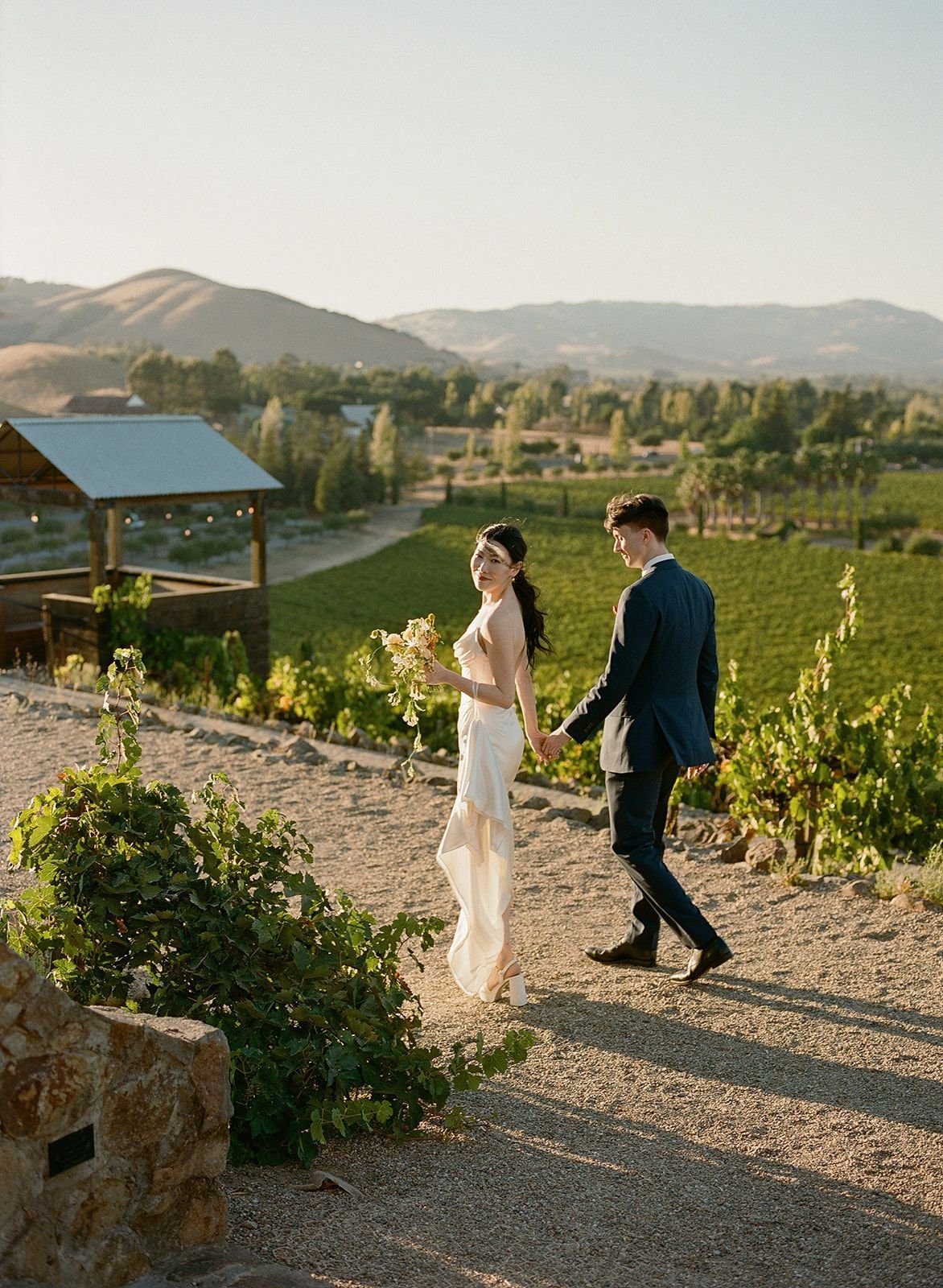 A couple in wedding attire walking hand in hand through a vineyard during sunset, with rolling hills in the background.