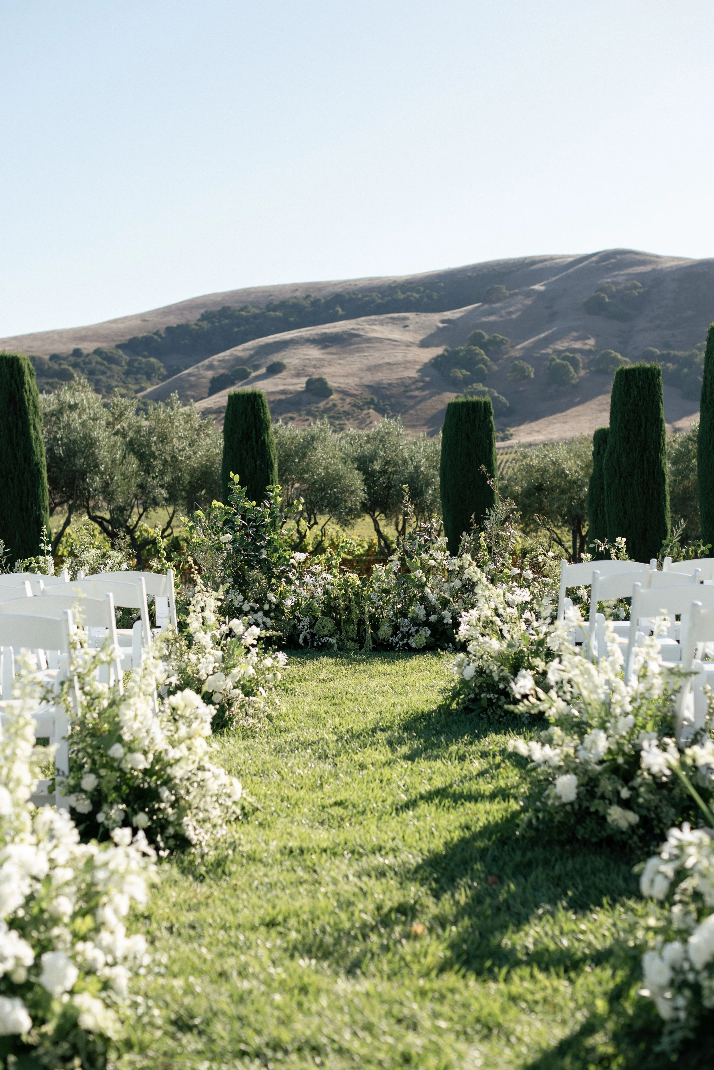 Outdoor wedding setup with white chairs, floral arrangements, tall cypress trees, and rolling hills in the background on a sunny day.