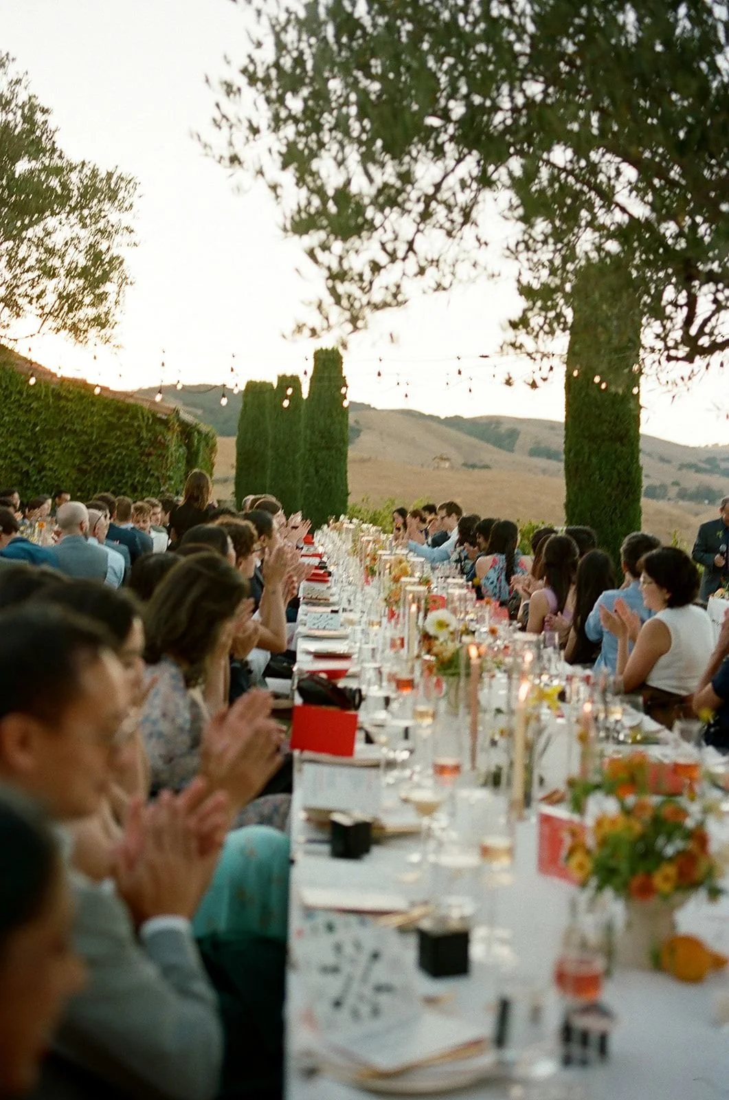 People seated at a long outdoor dinner table with table settings and floral centerpieces, surrounded by greenery and tall trees, during sunset