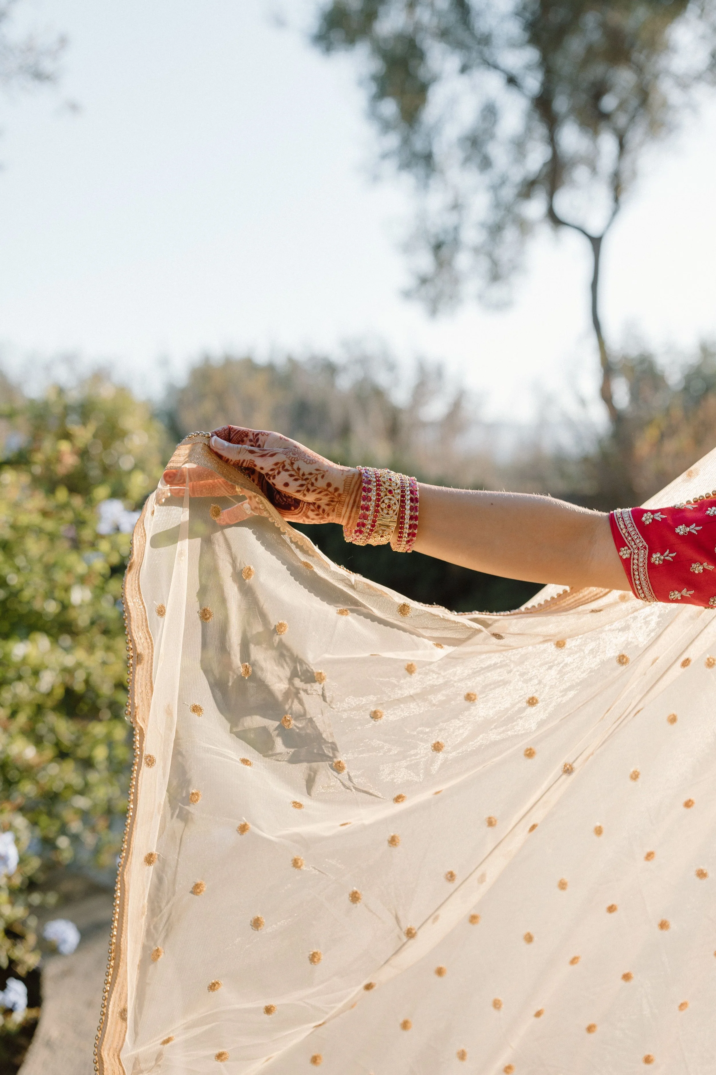 Close-up of a woman's arm holding a white, embroidered and embellished dupatta or shawl outdoors, with trees and sky in the background.