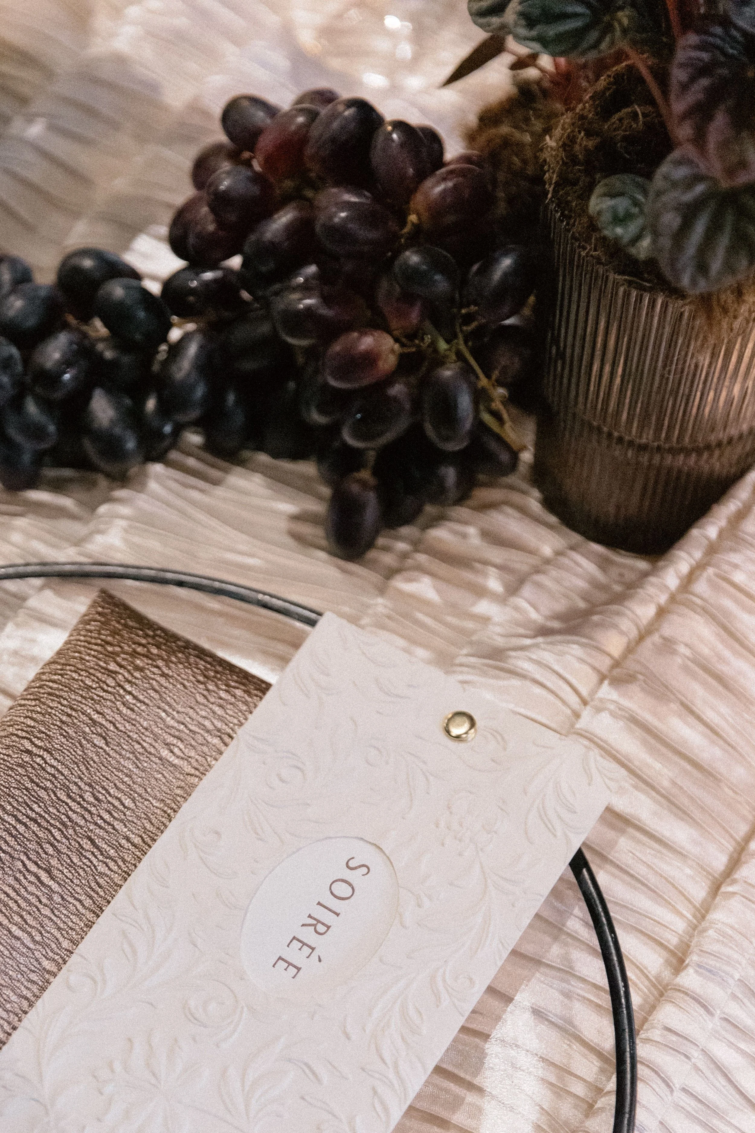 A bunch of black grapes on a table next to a potted plant in a tall, ribbed container, and some designer papers or menus with embossed patterns and a gold ring detail.