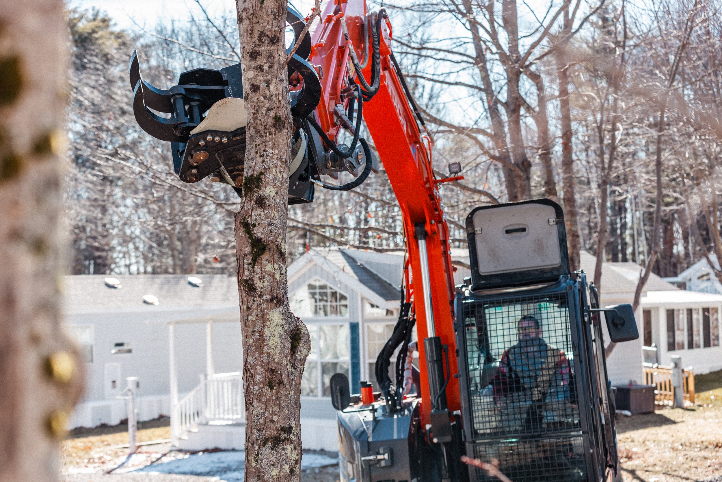 Taylor Tree Services Hitachi ZX75 with a Grapplesaw preparing to remove a tree in york maine.