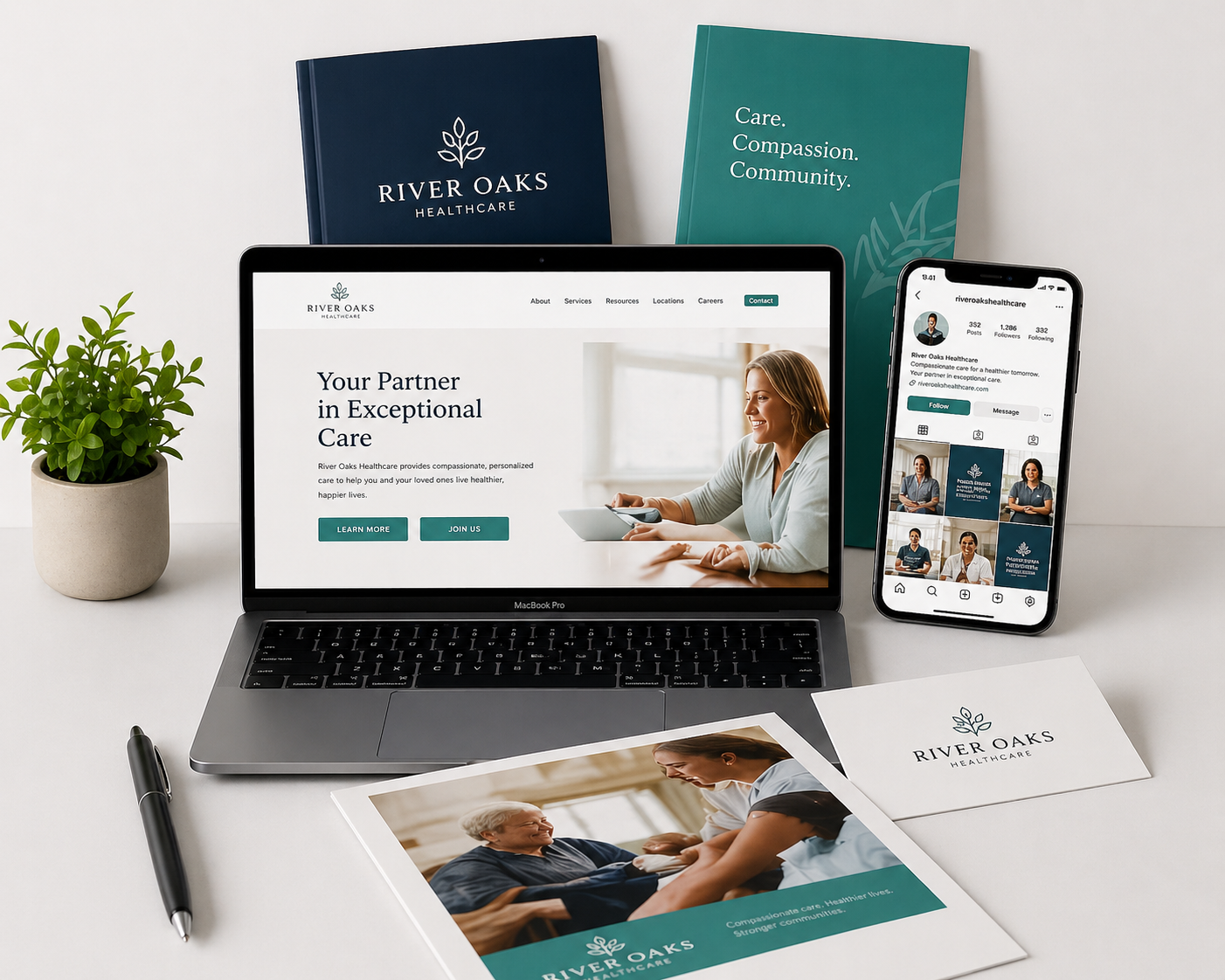Healthcare marketing and branding example including website design, social content, and print materials