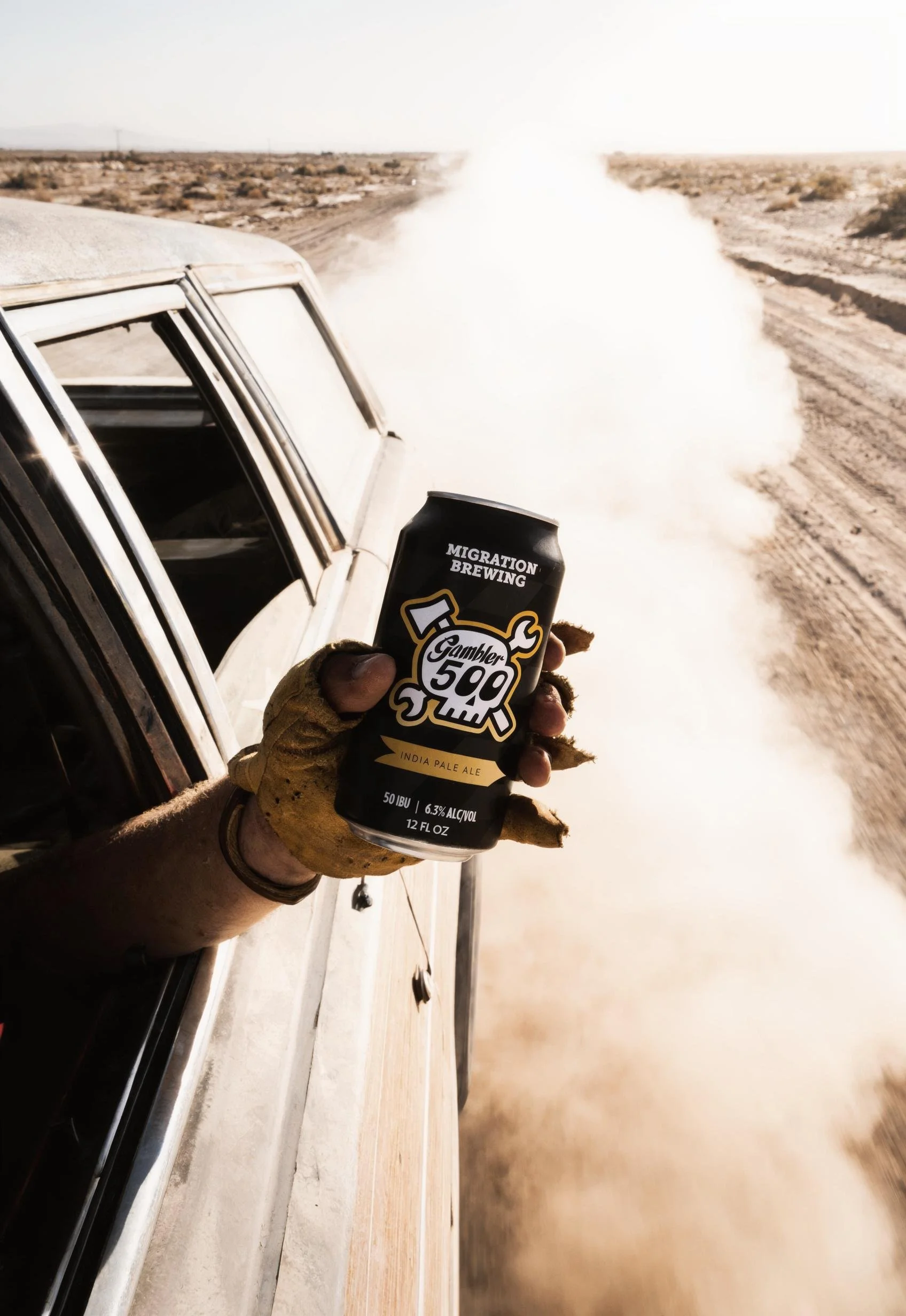 Lifestyle product marketing photography for a craft beer brand featuring canned beer packaging in an outdoor desert environment