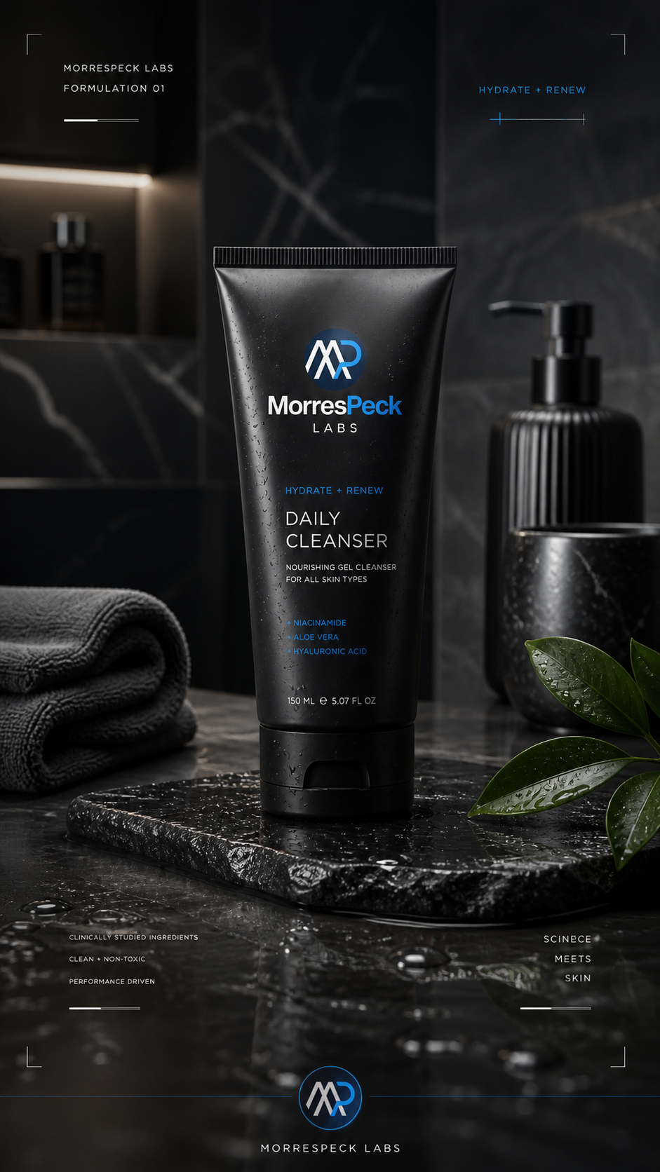 Luxury skincare product branding and packaging design created by Morrespeck Labs featuring a daily facial cleanser product in a premium lifestyle environment