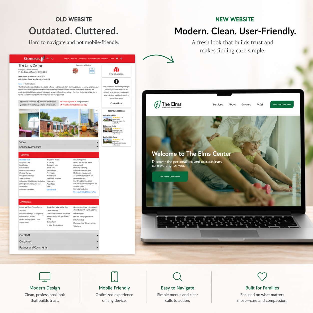 Healthcare website redesign case study showing outdated website compared to modern, mobile-friendly and user-friendly design