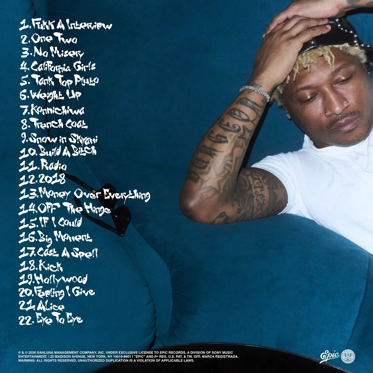 Future — The Real Me album tracklist featuring 22 tracks including Fukk A Interview, California Girls, Trench Coat, Hollywood and Eye To Eye, released via Epic Records 2026