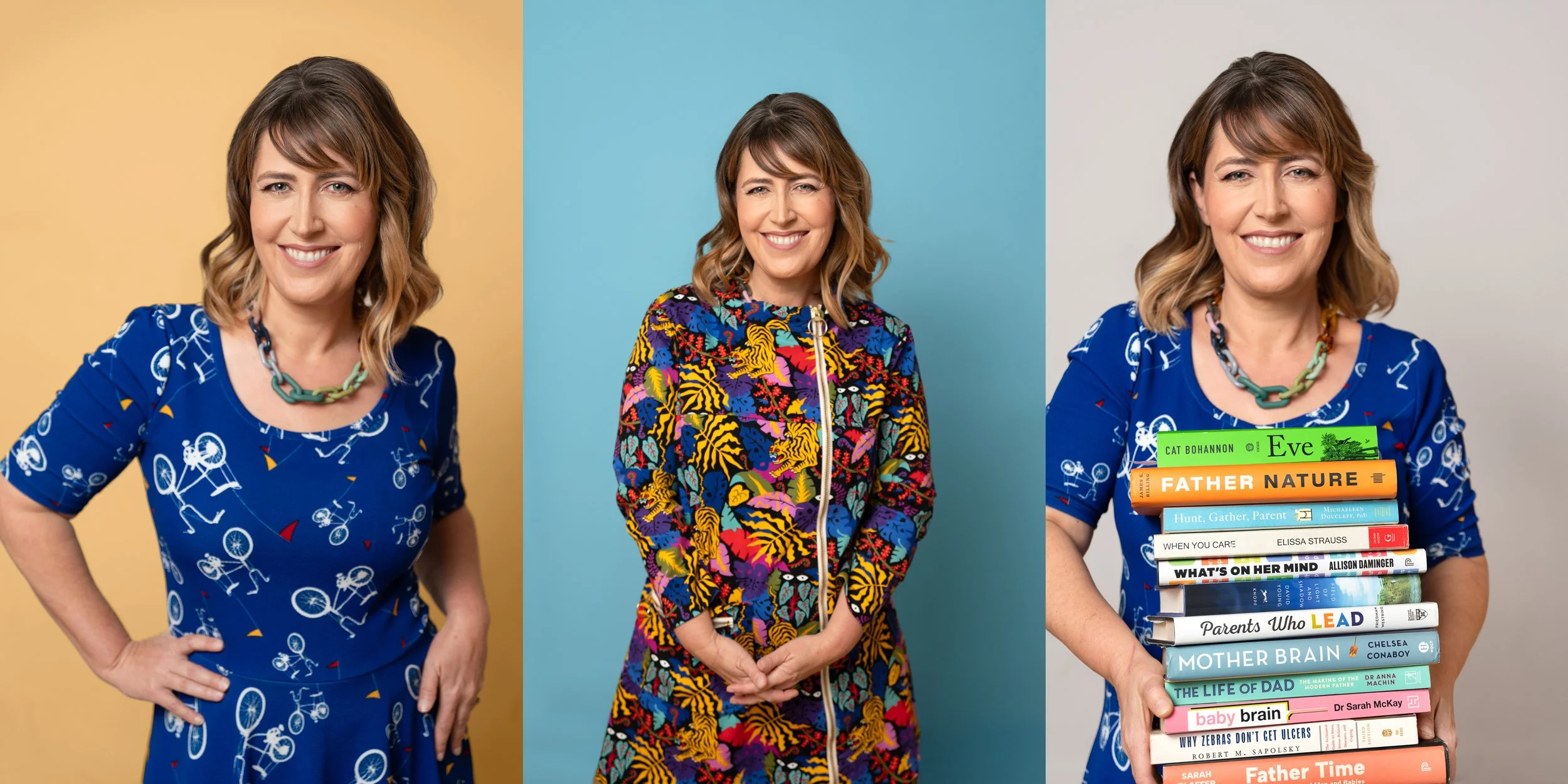 Three studio portraits of Darby Saxbe in colorful patterned outfits against yellow, blue, and gray backdrops, the last one holding a tall stack of books.