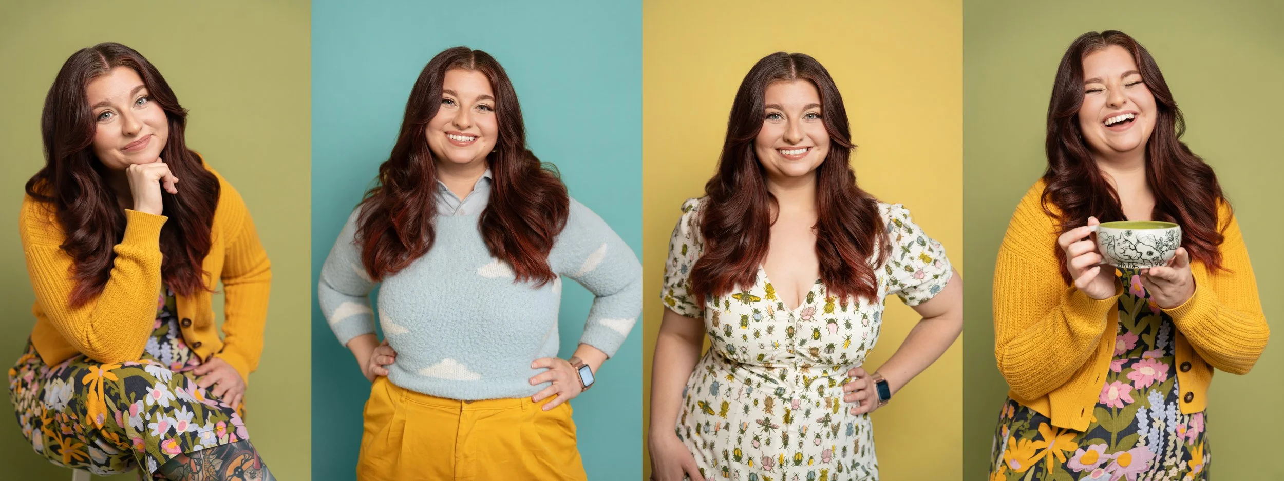 Four-photo collage of Leah in a mustard cardigan and floral overalls, posing against blue, yellow and green backdrops.