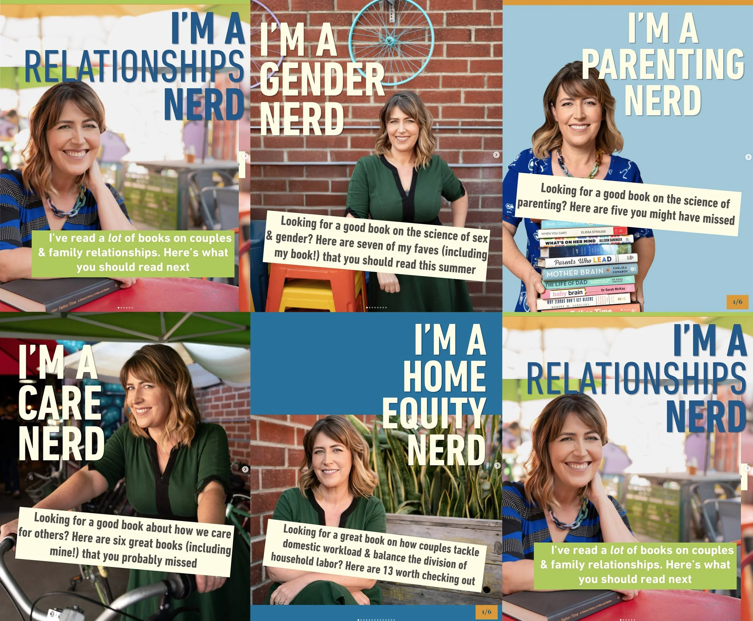 Six Instagram graphics from Darby Saxbe's "I'm a ___ Nerd" series (relationships, gender, parenting, care, home equity), each pairing a photo of her with a book list.