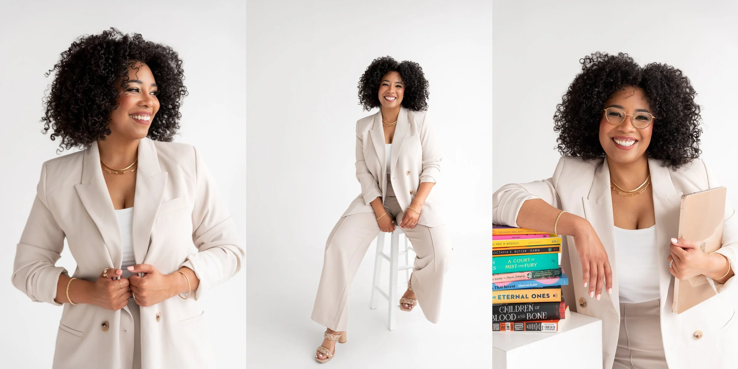 Three portraits of Dominique in a cream suit against a white backdrop: adjusting her blazer, seated with books, and standing.