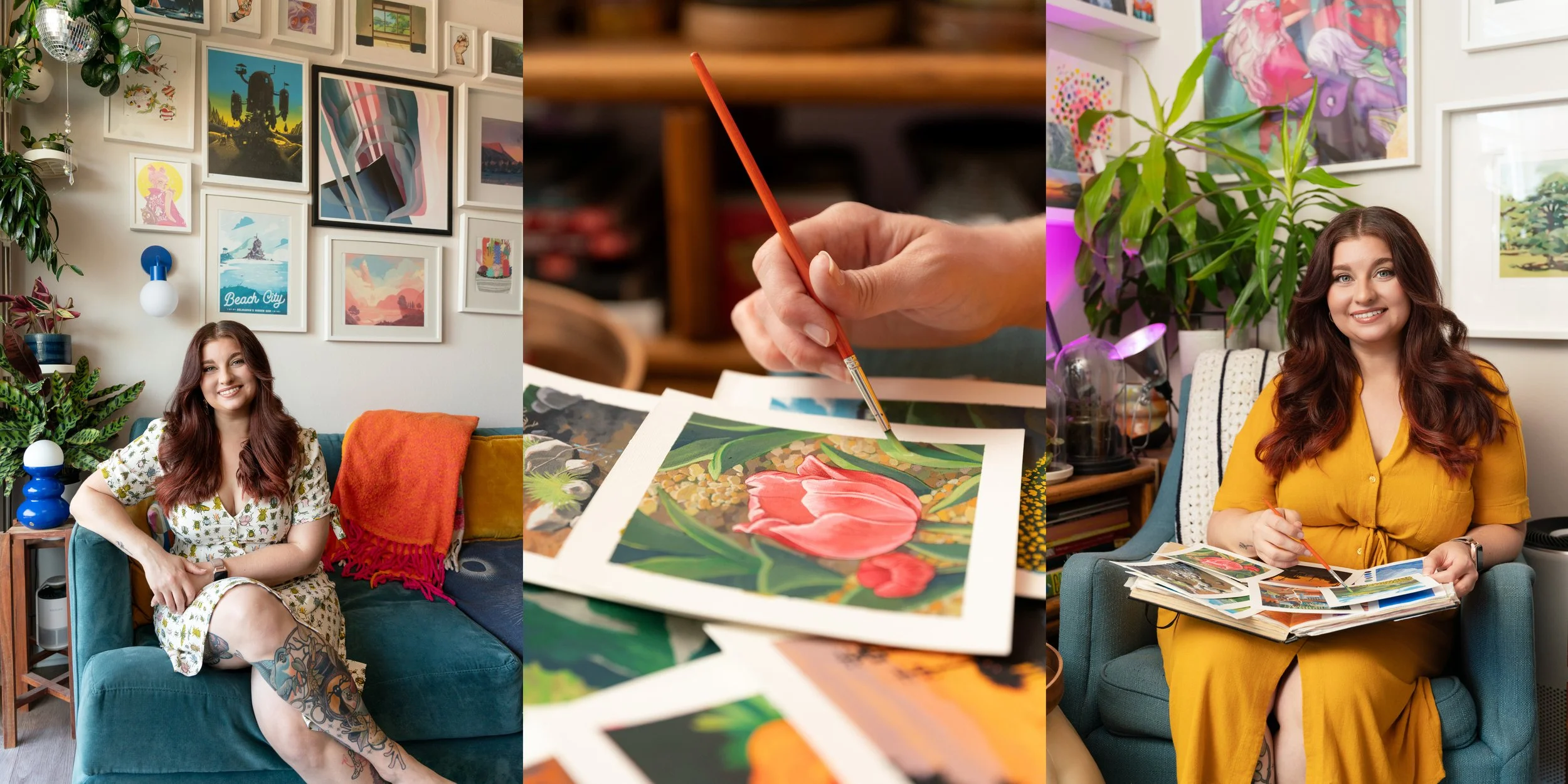Three-photo collage of Leah seated in front of a gallery wall, painting up close, and surrounded by artwork and plants.