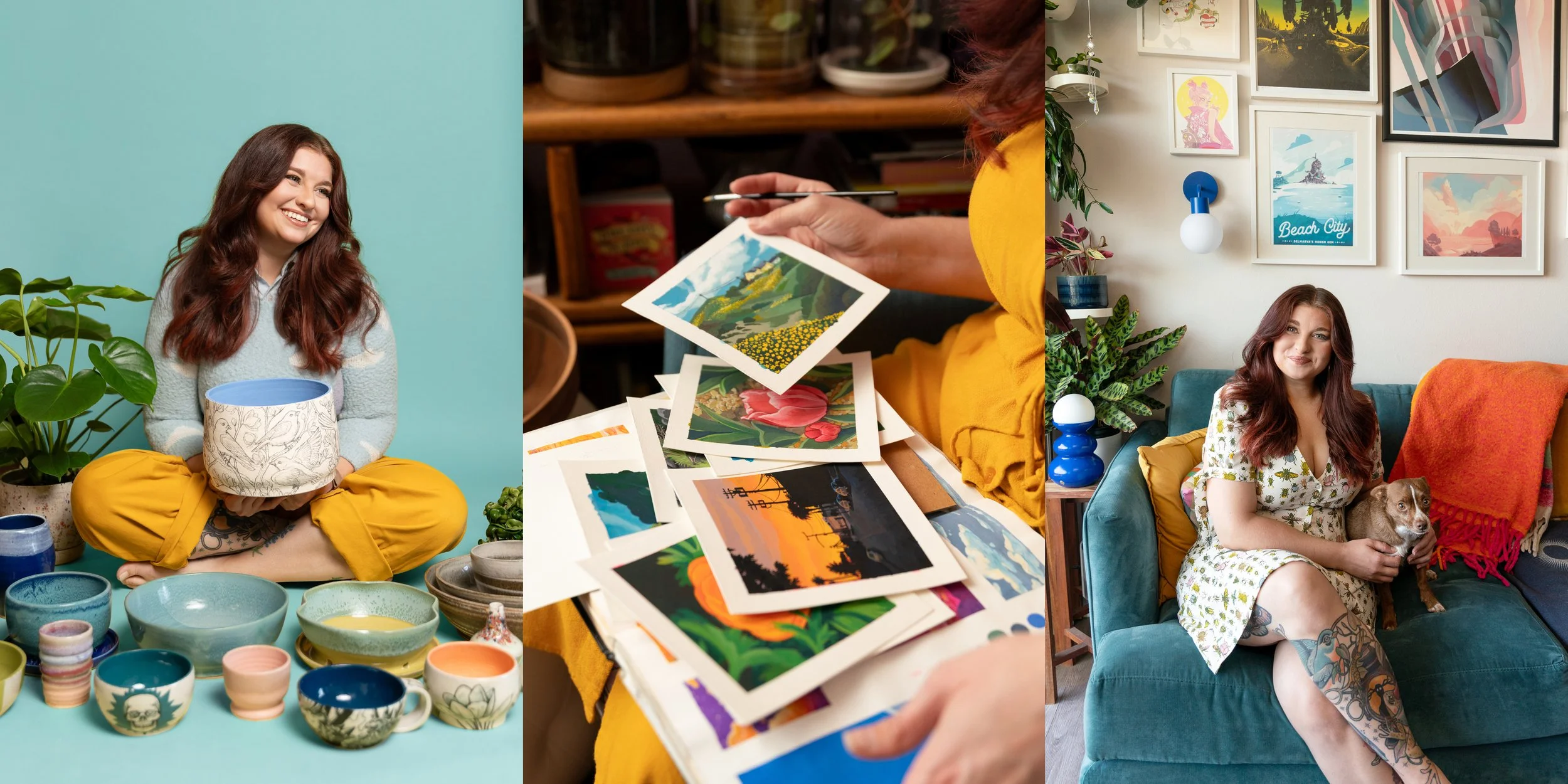 Three-photo collage of hands passing a ceramic bowl, Leah holding artwork, and seated in front of a gallery wall.