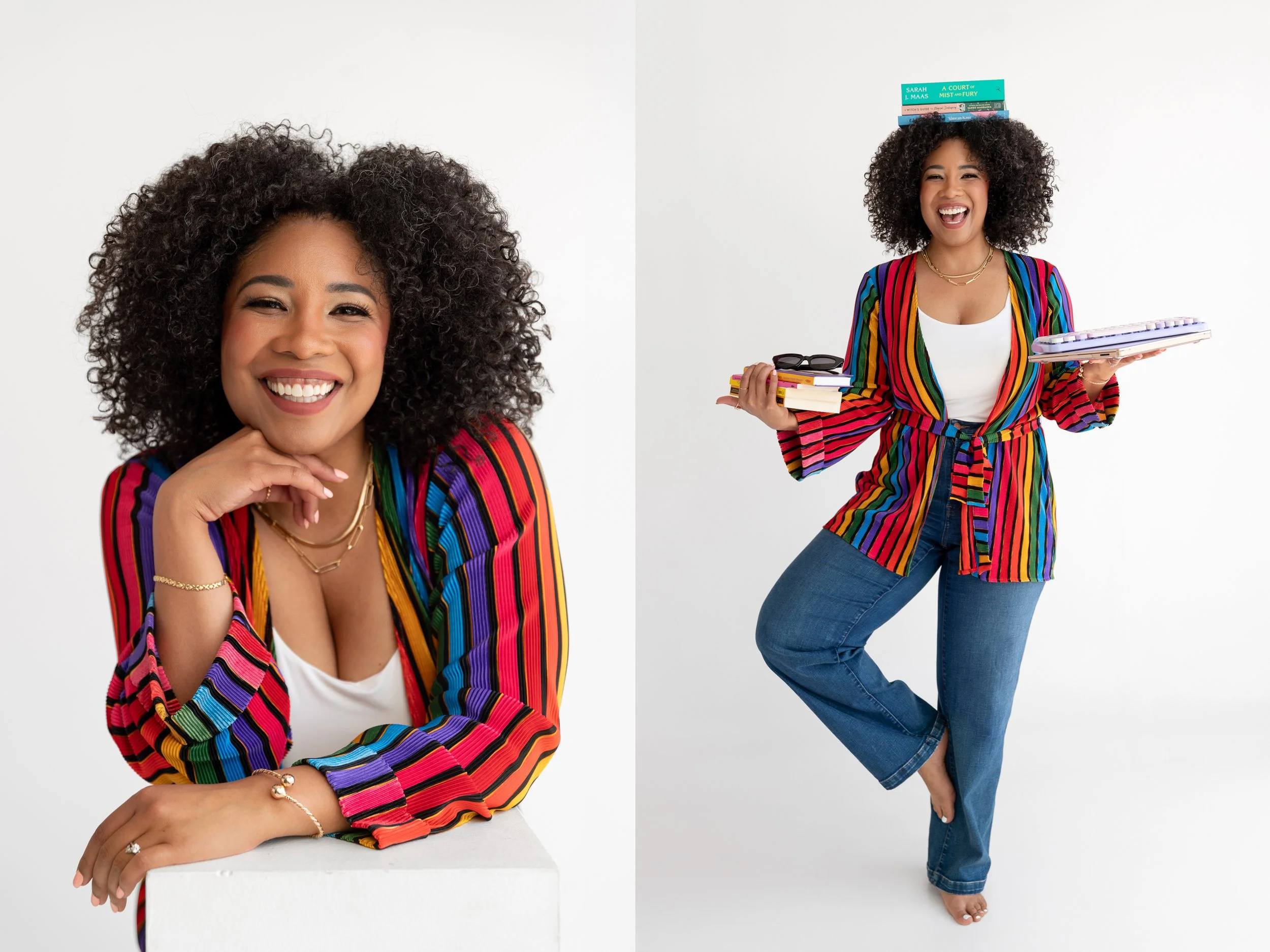 Dominique in a rainbow striped cardigan, leaning on a white block and, beside it, a full-length pose in jeans.