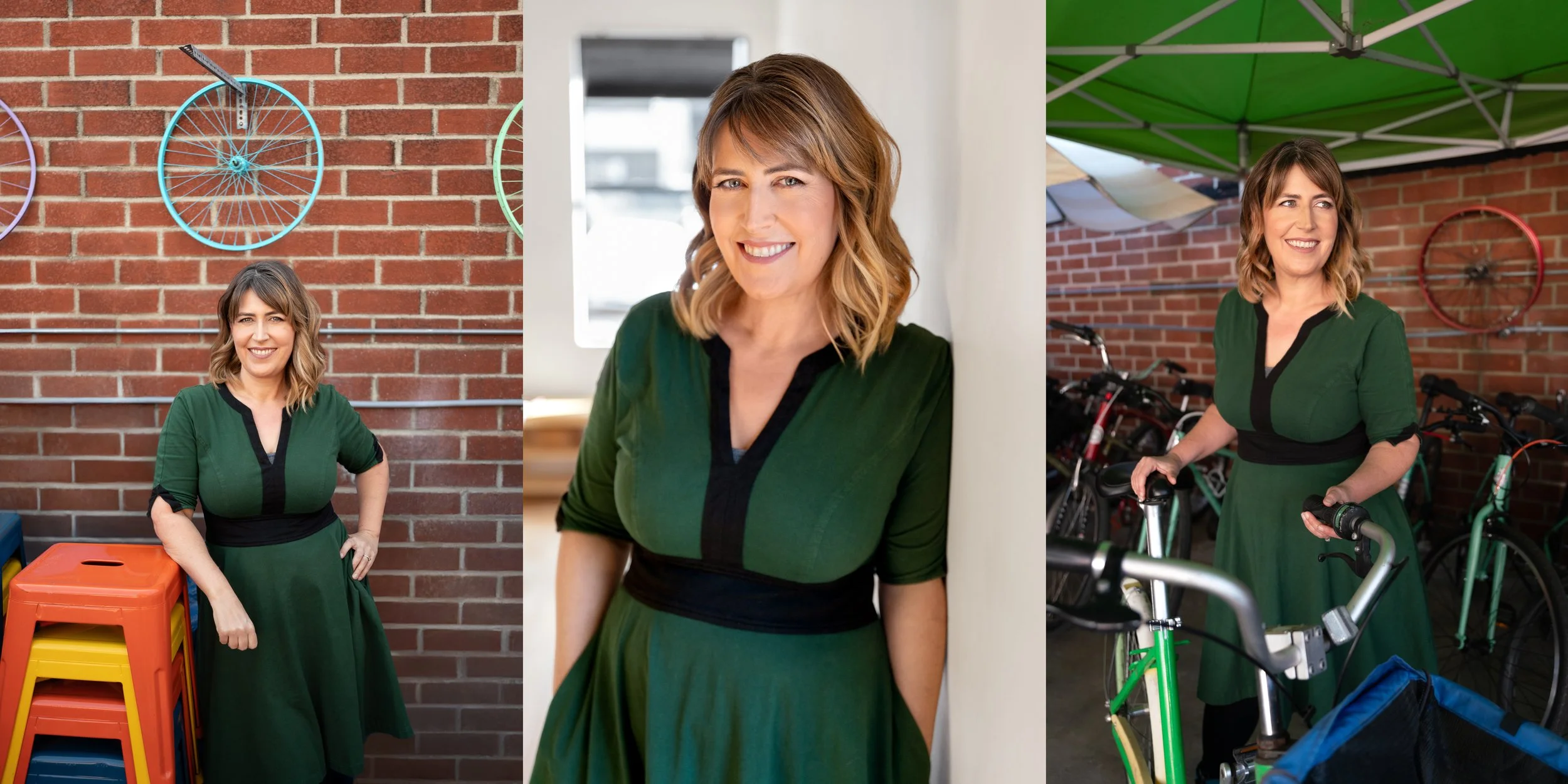 Three portraits of Darby Saxbe in a green dress at The Spoke Bicycle Cafe, beside colorful stools, against a white wall, and with a green bicycle.
