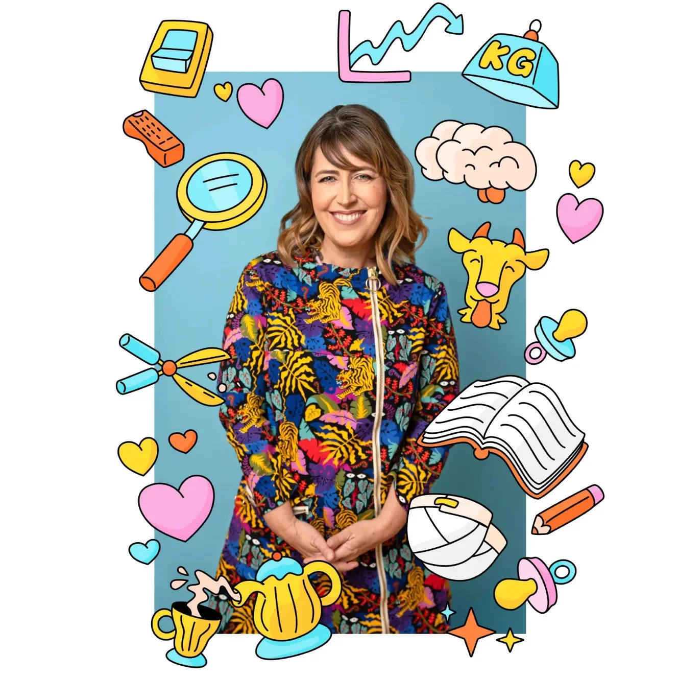 Luke McConkey Illustration built around a photo of Darby Saxbe in a colorful floral dress, surrounded by hand-drawn books, hearts, a brain, a baby bottle, and a pacifier.