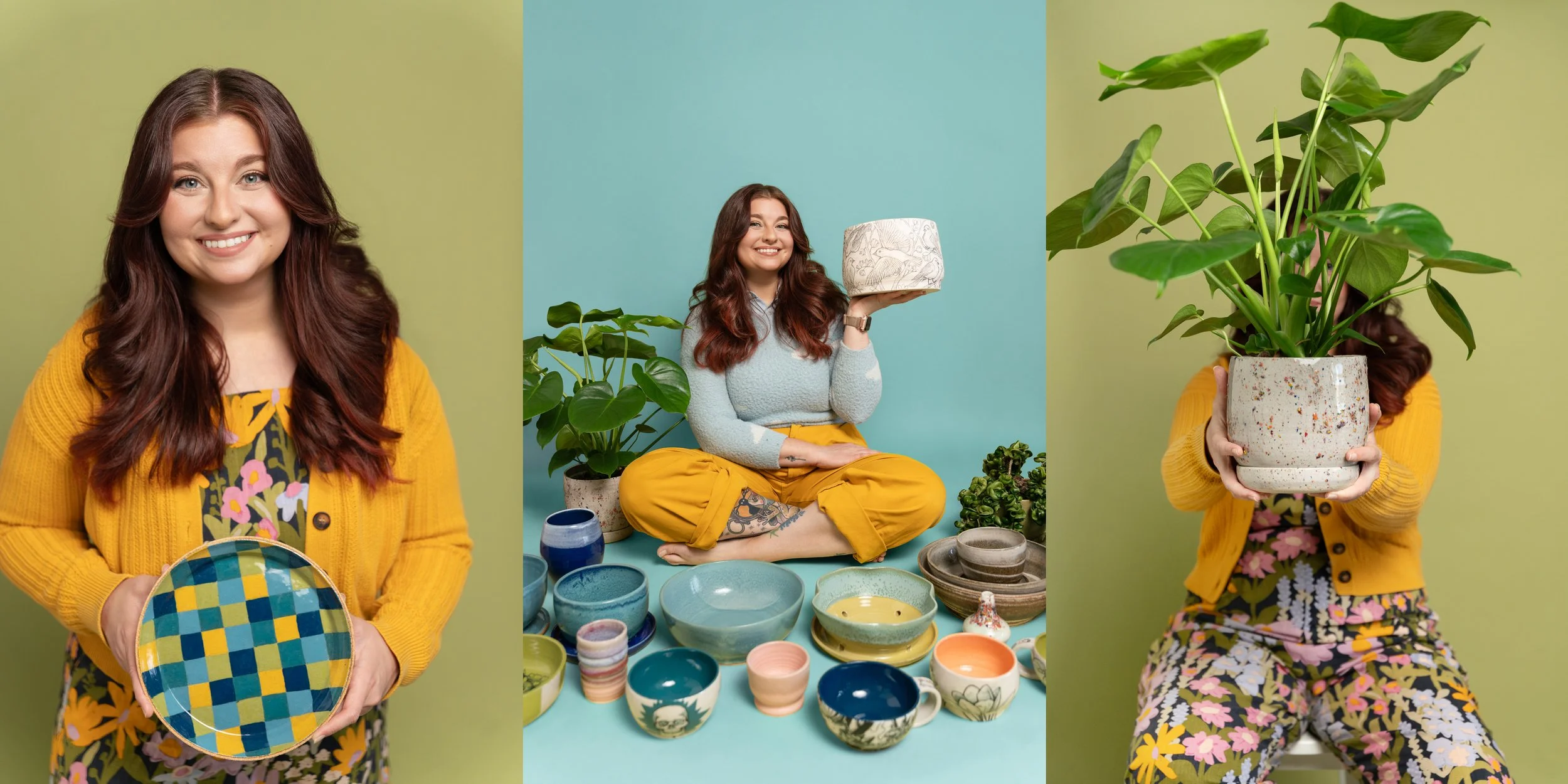 Three-photo collage of Leah: a close-up portrait, sitting cross-legged holding a ceramic bowl, and holding a potted plant in floral overalls.
