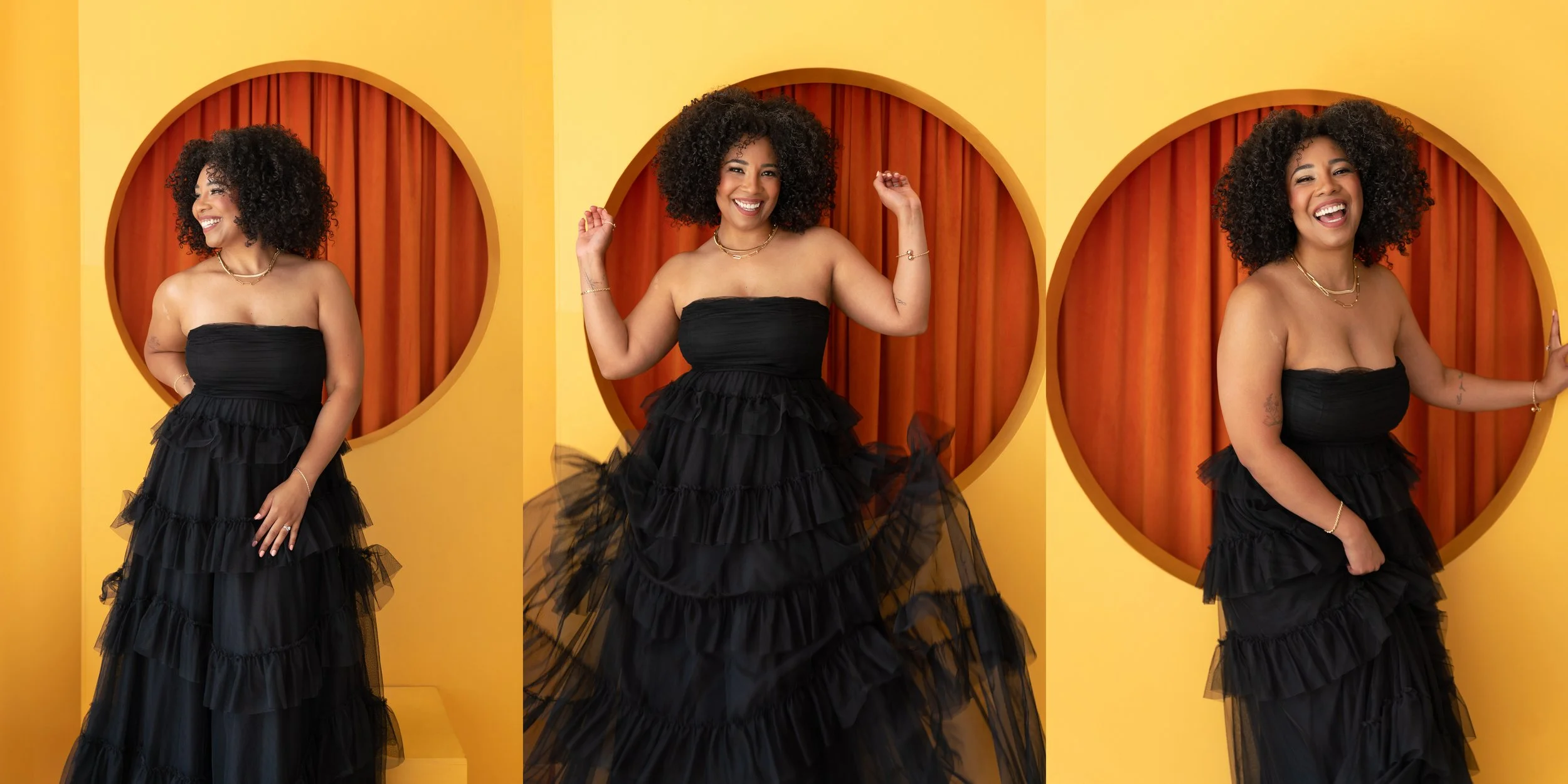 Three portraits of Dominique in a black ruffled dress, framed inside a round orange cutout backdrop.