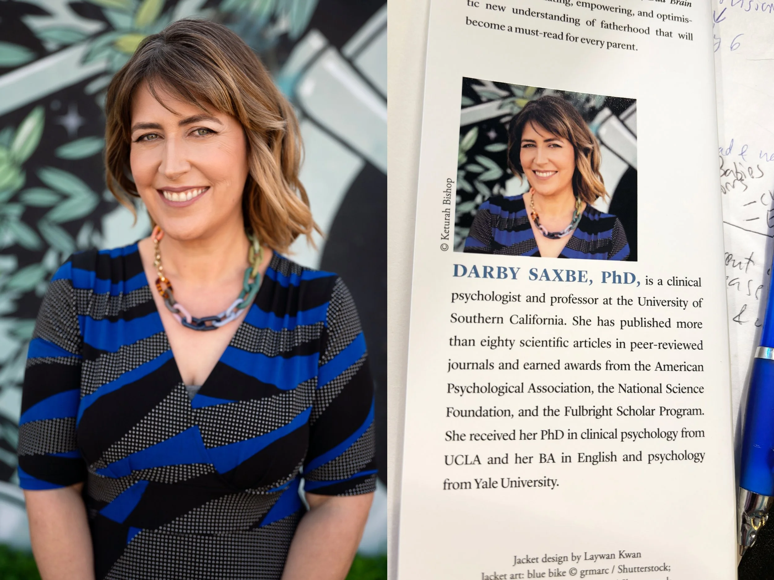 Darby Saxbe's portrait beside a photo of the inside flap of her book, where the same portrait appears above her author bio.