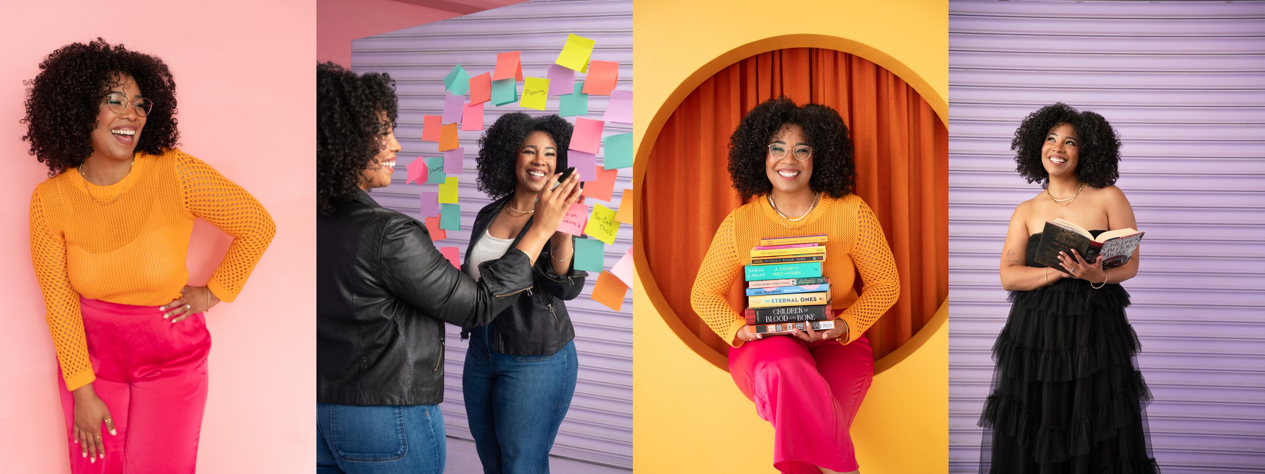 Four portraits of Dominique across a pink backdrop, a sticky-note mirror wall, an orange circular doorway holding books, and a purple wall.