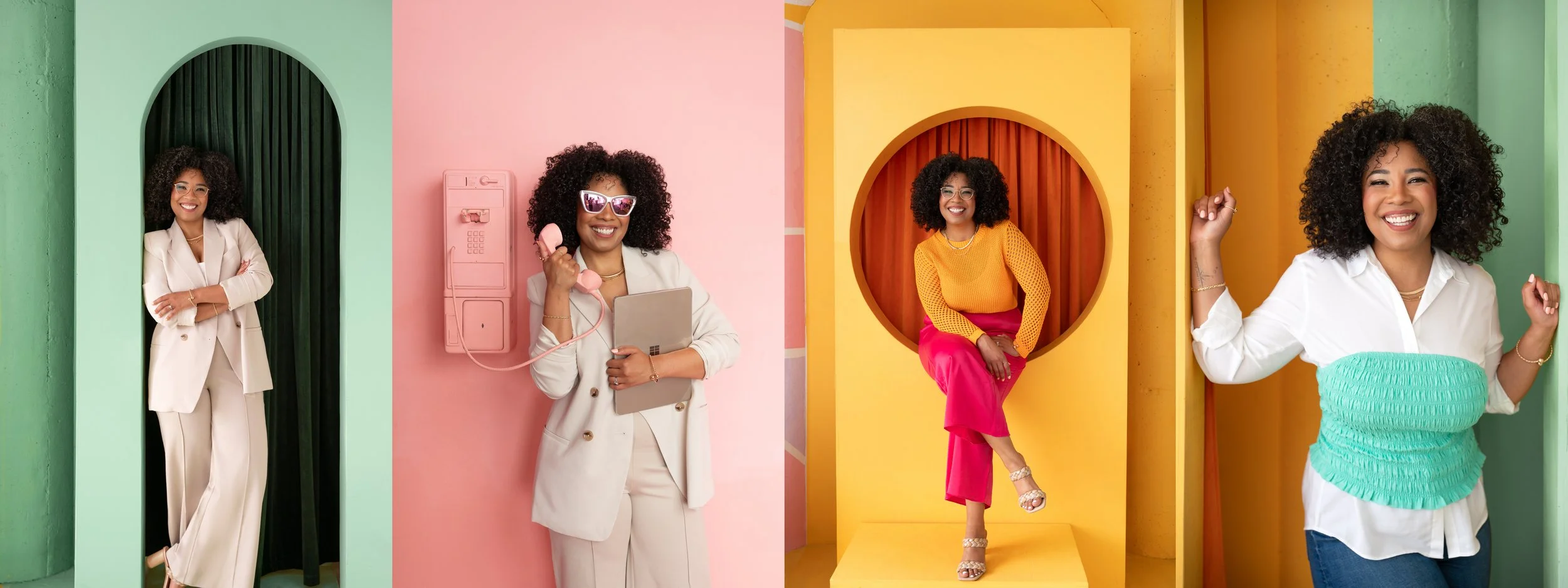 Four portraits of Dominique against colorful backdrops — green, pink, and an orange circular doorway — holding books and a tablet.