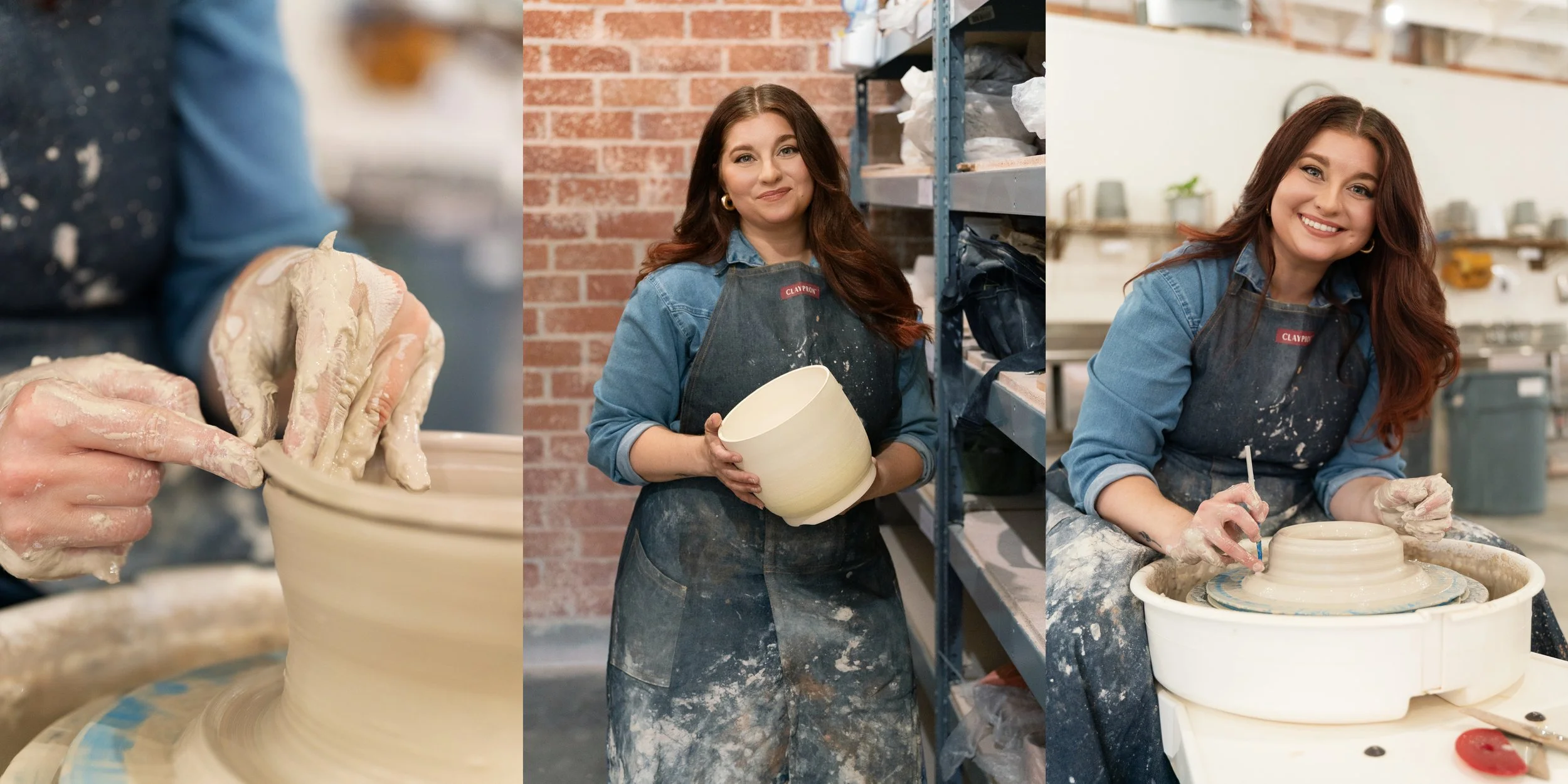 Three-photo collage of Leah at the pottery wheel: shaping clay, holding a finished bowl, and standing near studio shelving.