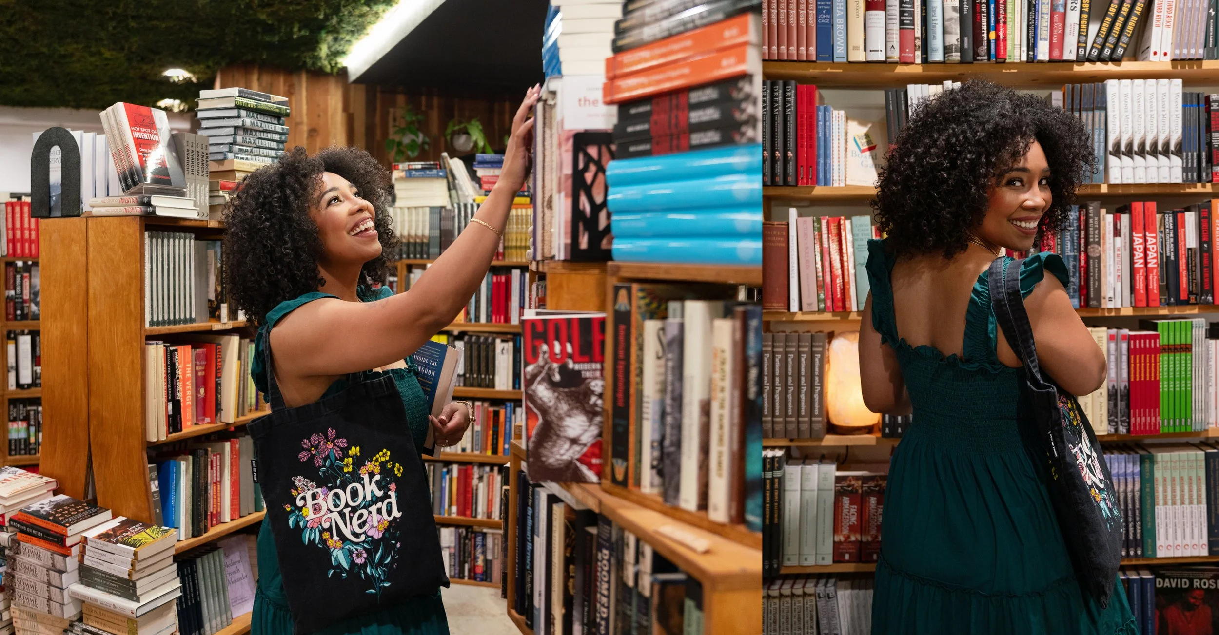 Dominique reaching up to a bookshelf inside a bookstore, wearing a dark green dress.