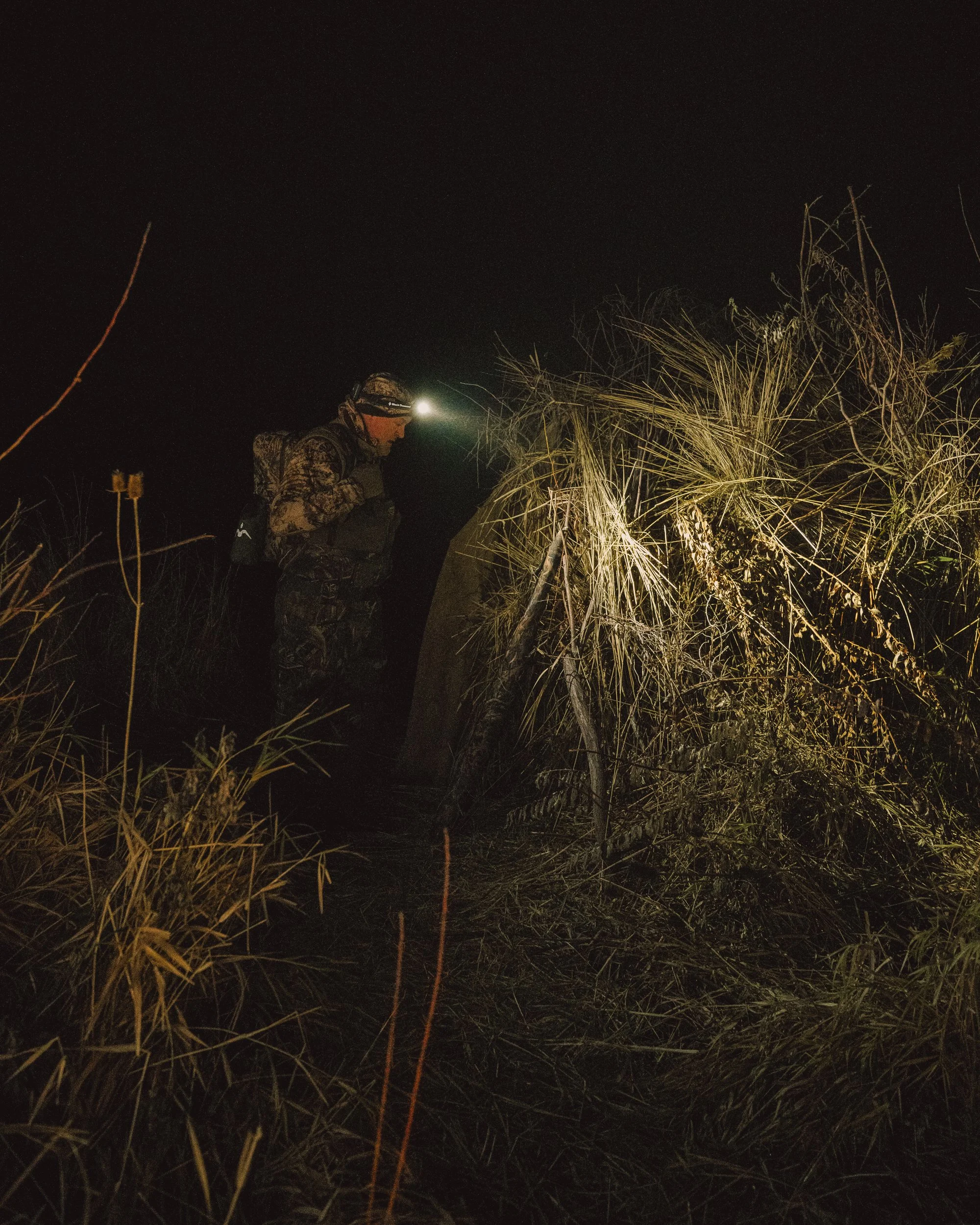 A person wearing camouflage gear and a headlamp exploring a dark outdoor area with tall dry grass.