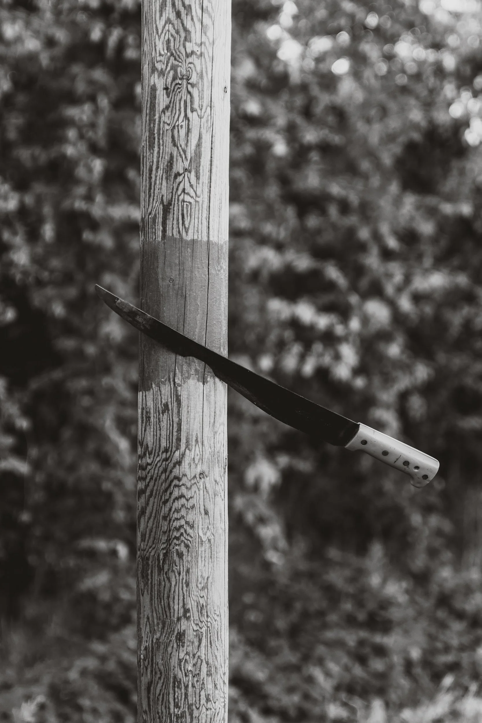 A large kitchen knife stabbed into a wooden pole outdoors.