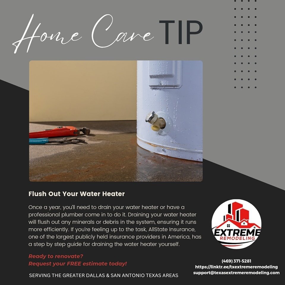 Home Care Tip ✅

Flush out your water heater!

➡️ Once a year, you&rsquo;ll need to drain your water heater or have a professional plumber come in to do it. Draining your water heater will flush out any minerals or debris in the system, ensuring it r