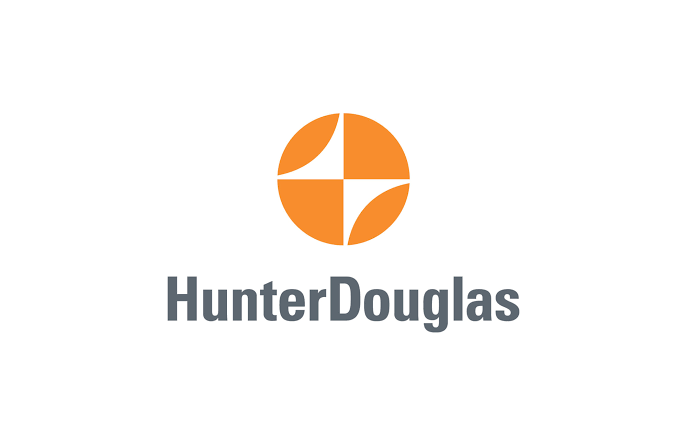 Hunter Douglas logo with a circular orange symbol above the company name in bold gray letters.