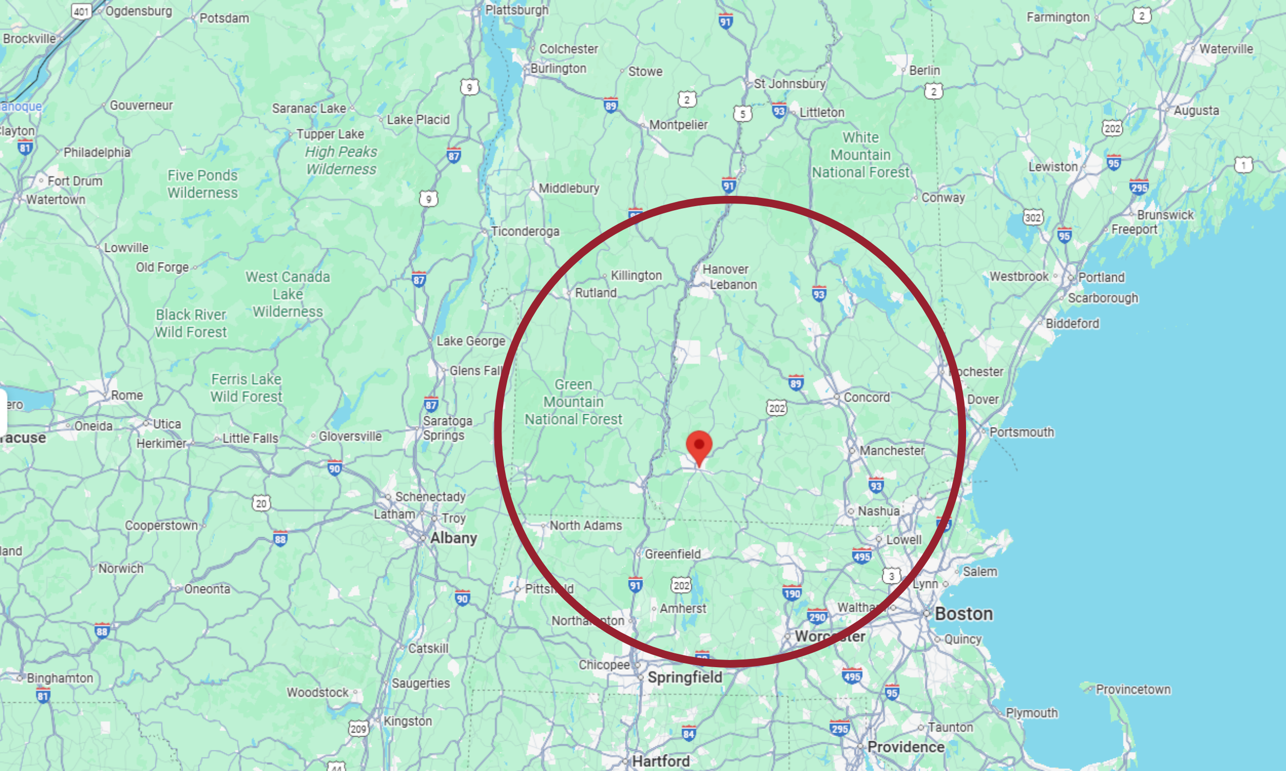 Map of eastern New York and western Massachusetts showing a red circle centered near the middle of the map, covering parts of the Green Mountain and Adirondack regions.