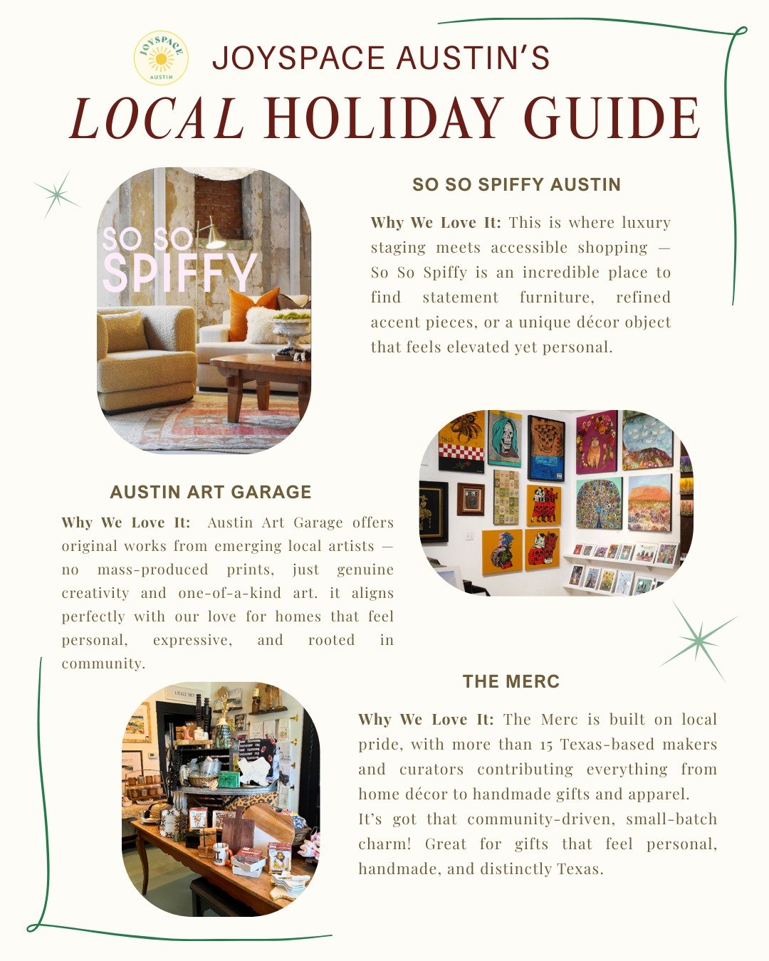 JoySpace Austin is so excited to share a holiday guide showcasing our favorite local shops, vendors, and artisans this holiday season! 🎁✨

We curated this guide with a designer&rsquo;s eye and a whole lot of local love &mdash; so you can discover me