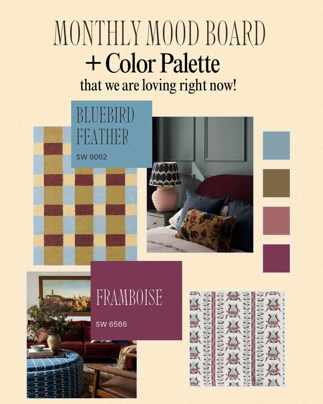 Who said Spring has to be pastels?! 

We&rsquo;re loving this mix of dusty blues, warm neutrals with a pop of framboise 🎨 

Do you have a preference for Spring palettes? 🌼

#moodboard #interiordesign #homedecor #interiordesigner #atxhomes