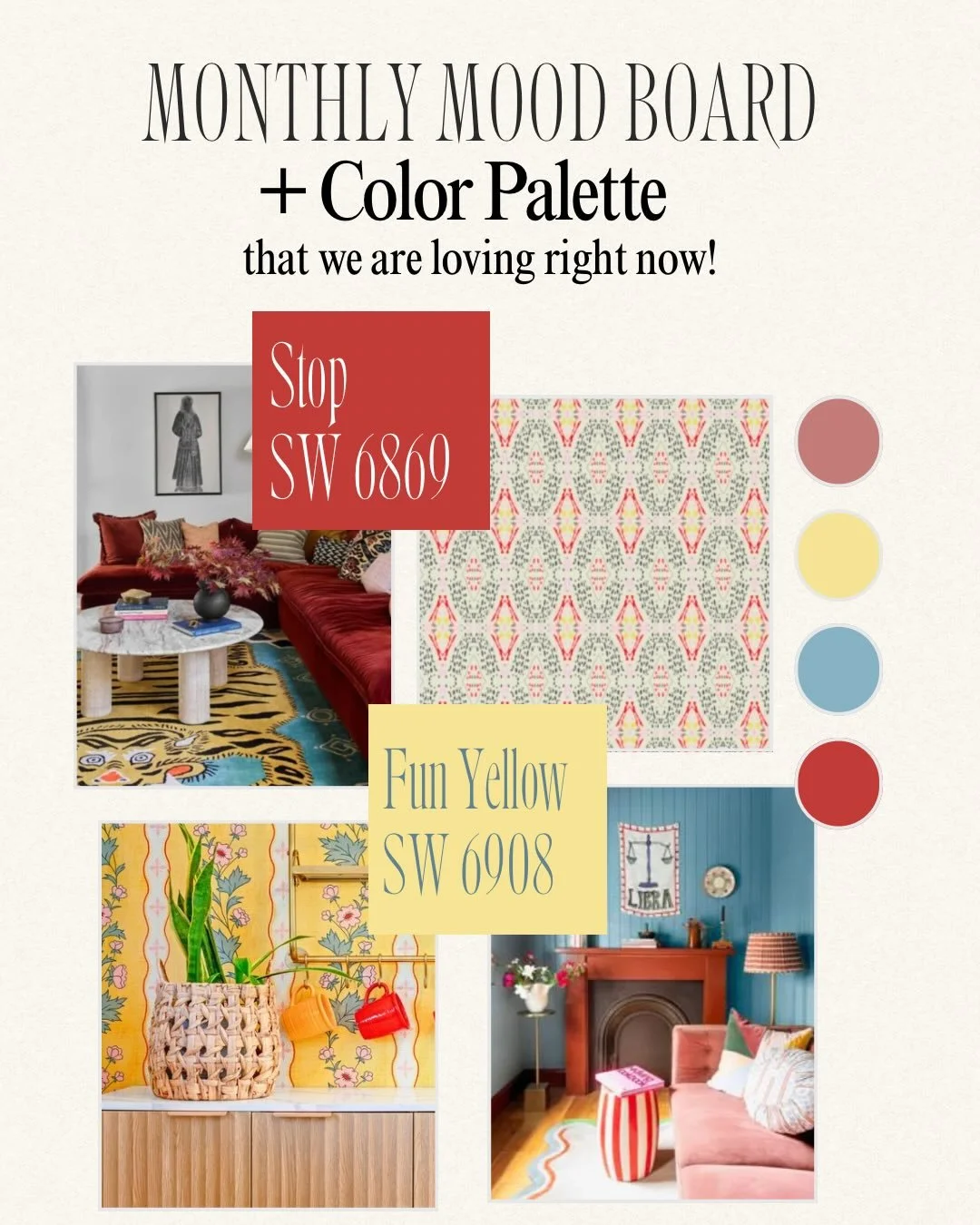 May is bringing the color. 🌞🍅🌸

This month&rsquo;s mood board is all about playful contrast, sun-soaked spaces, and personality-filled interiors that feel equal parts vibrant and welcoming. We&rsquo;re loving the pops of red with the buttery yello