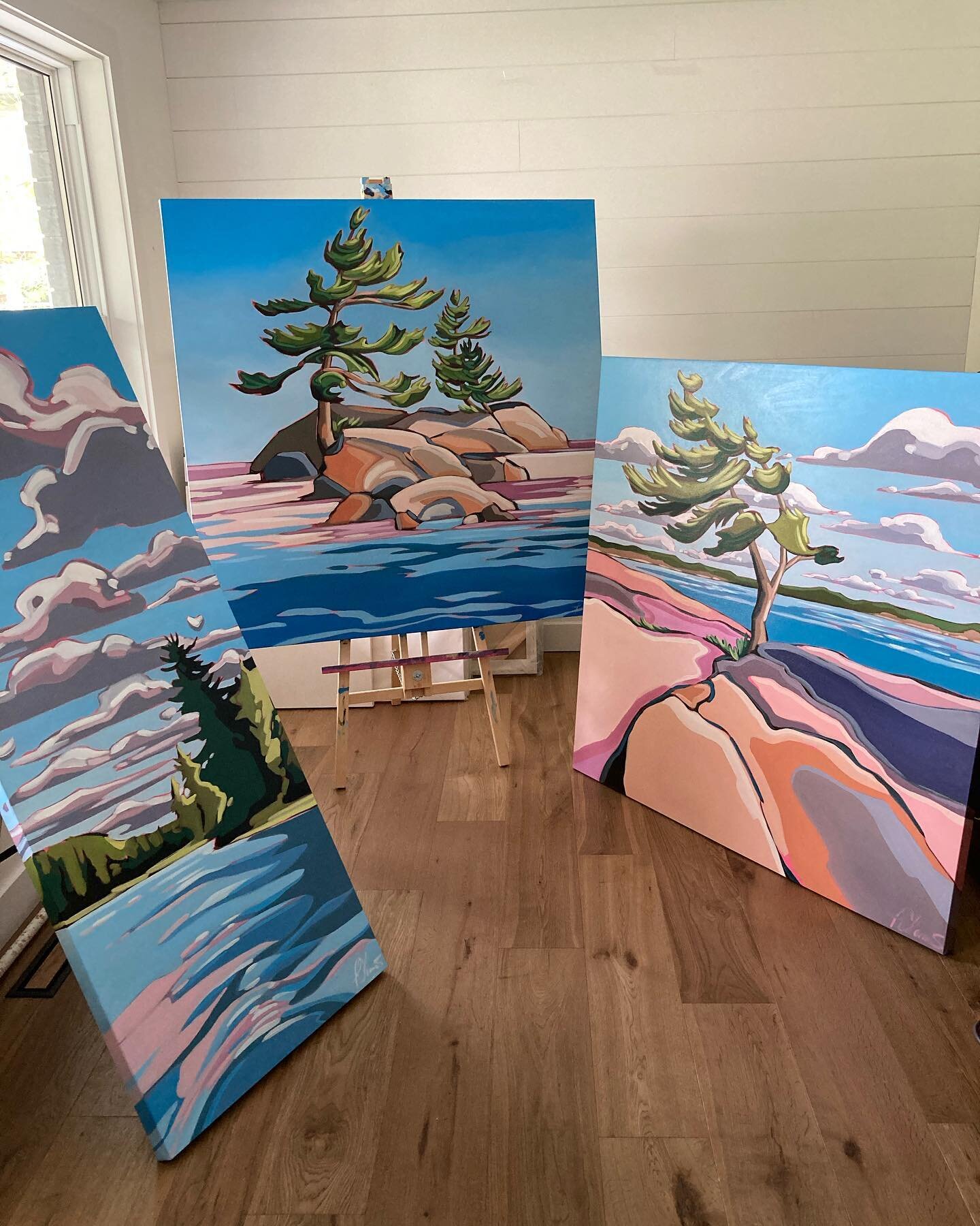 3 new babies getting their varnish and wiring today and will be available through @cloudgalleryca TOMORROW!#patriciaclemmenspaintings #oiloncanvas #longweekend #may24weekend #gallery #ontario #ontarioartist #new #newwork #georgianbay #cottage #lakeli