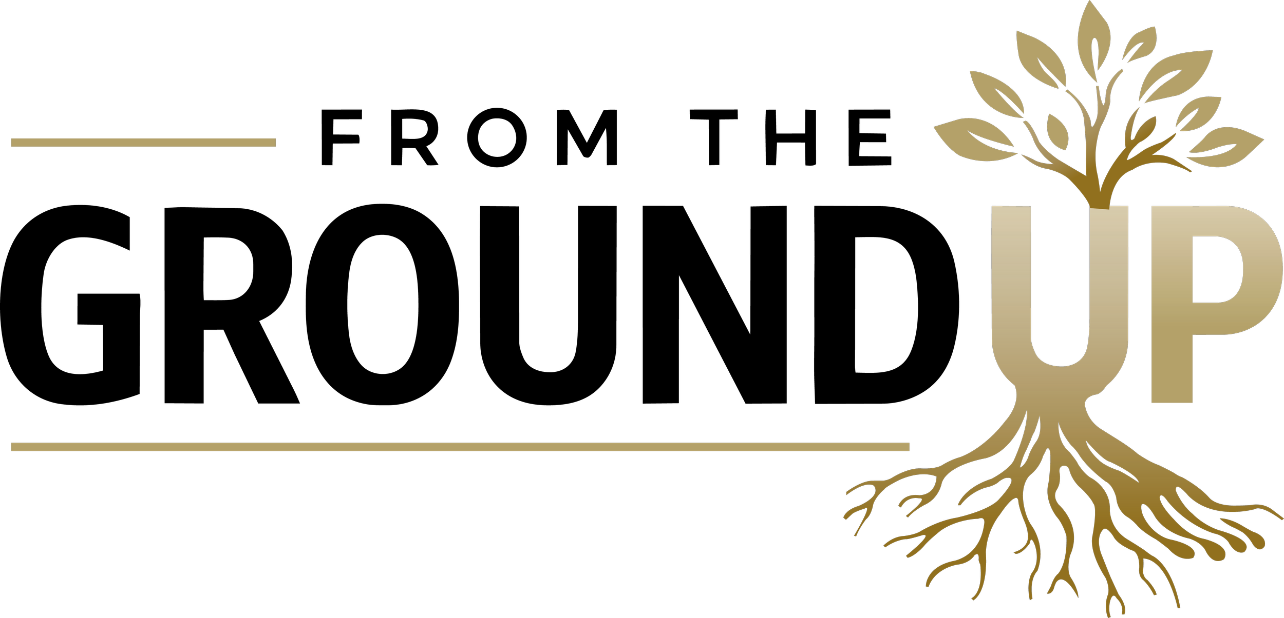 Gold and black logo featuring a tree with roots, with the words 'Grow Up' where 'Grow' is above and 'Up' is below the tree