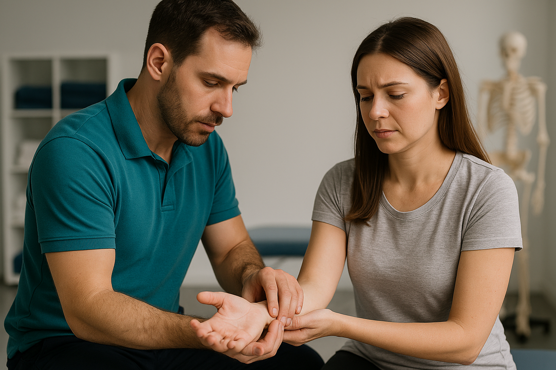therapist using nerve release technique to treat woman with carpal tunnel syndrome