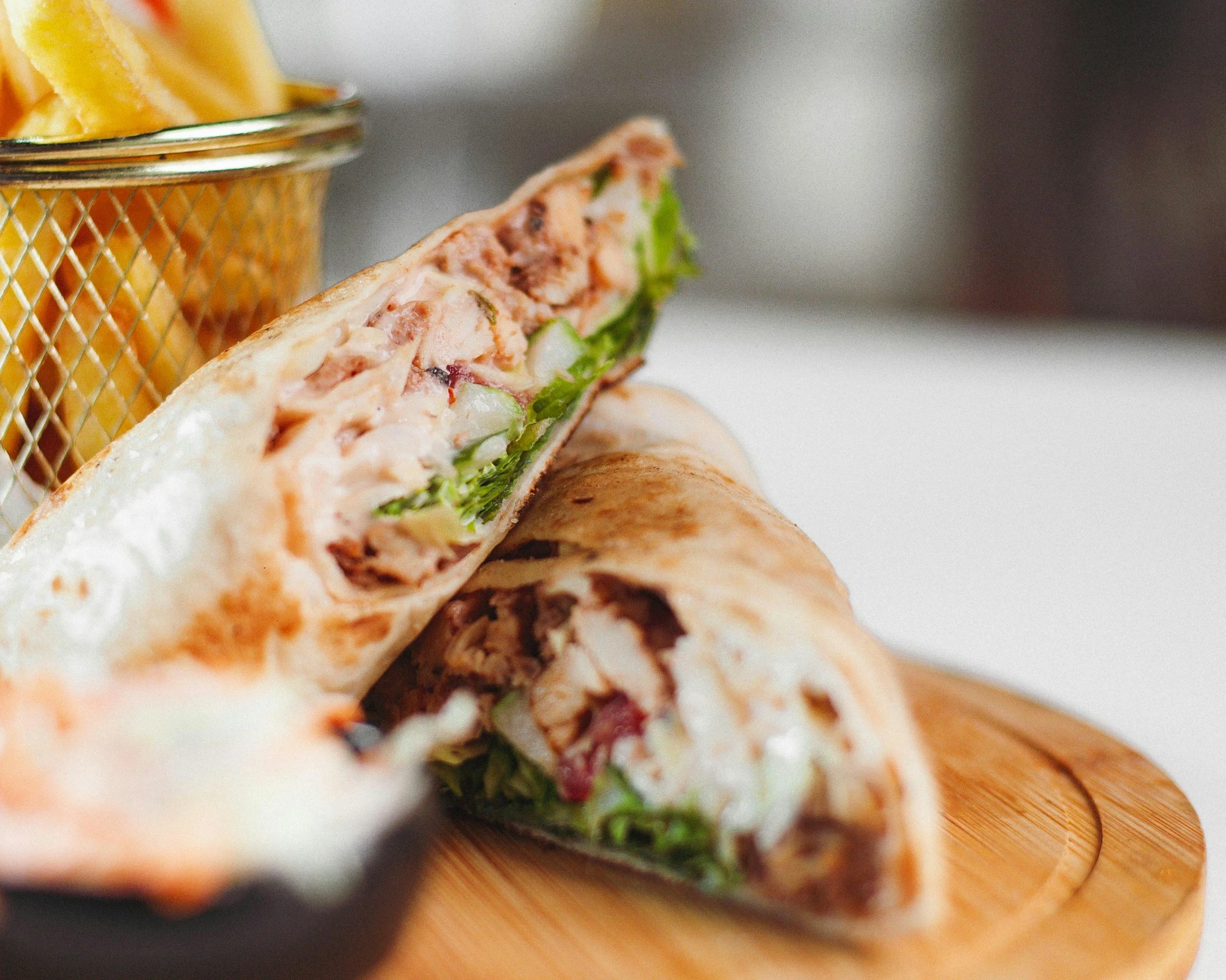 Chicken Caesar Wrap, summer lunch special, lunch in Stockport, Angelica’s Tea Room, Broadstone Mill café, wrap and chips lunch.