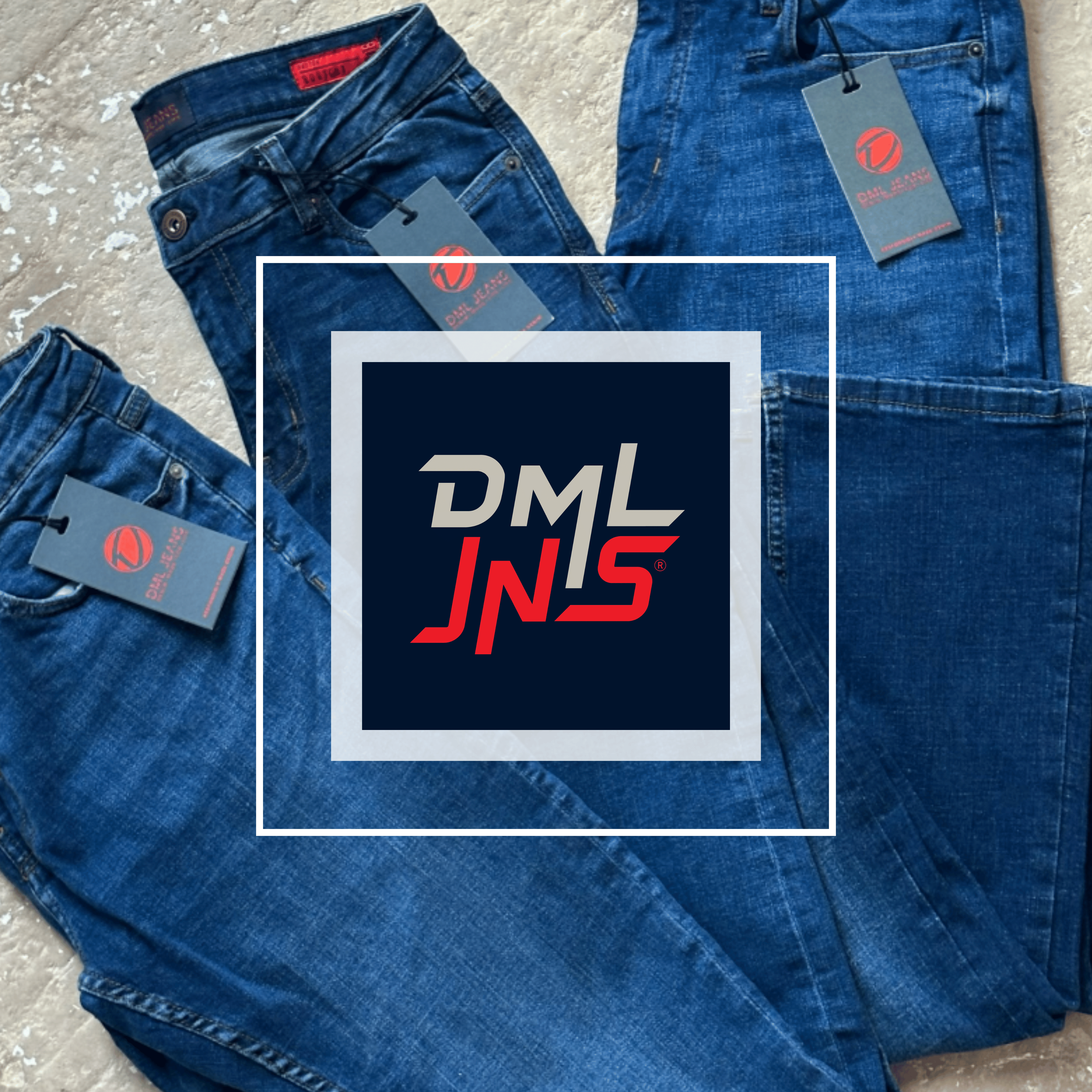 Three pairs of blue jeans laid flat on a surface, each with a tag attached. In the center, an overlay logo with the text 'DML JNS' in stylized font.
