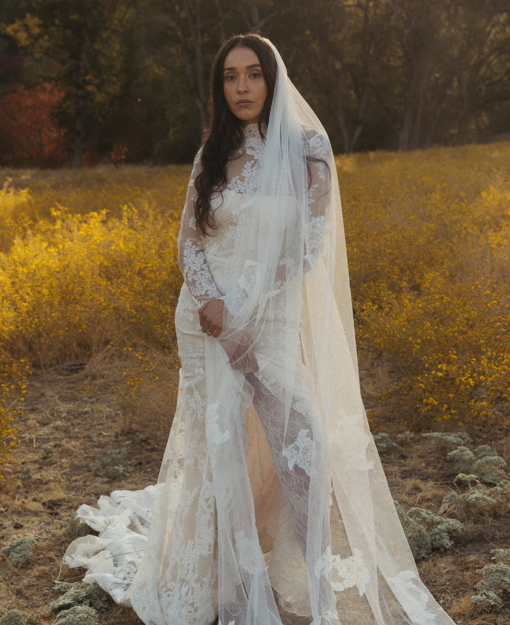 Daughters of Simone Aurora Gown. Vintage corded lace fit and flare gown with a high neck and long sleeves.